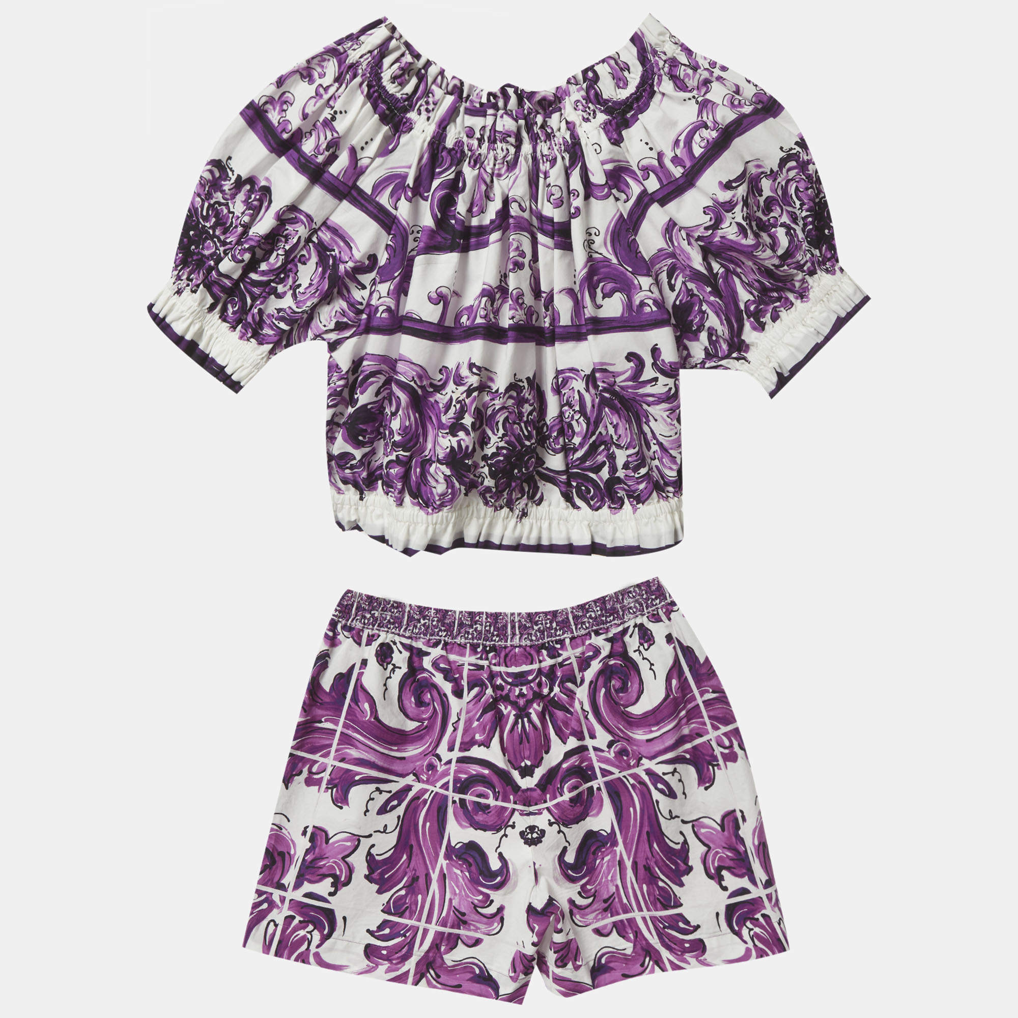 Pre Owned سترة وشورت قطن بطبعة ميجوليكا أبيض/أرجواني من دولتشي وغابانا كيدز 9/10 سنوات