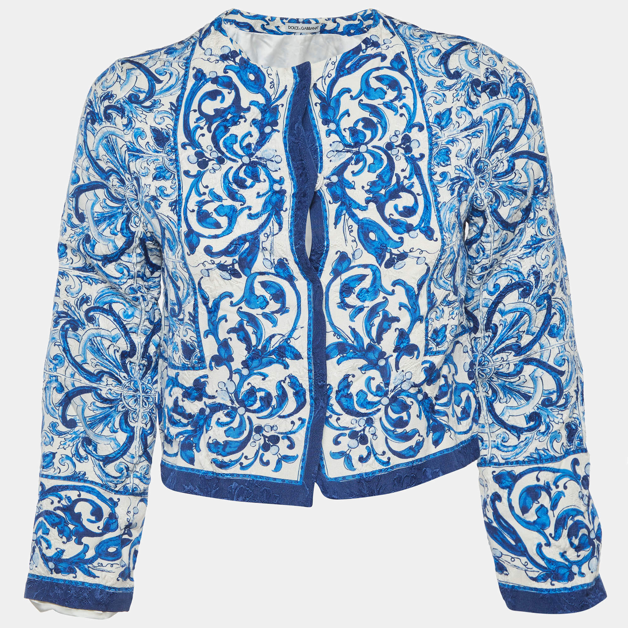Pre Owned Dolce & Gabbana White/Blue Majolica Print Silk Blend Crop Jacket 11-12 Yrs