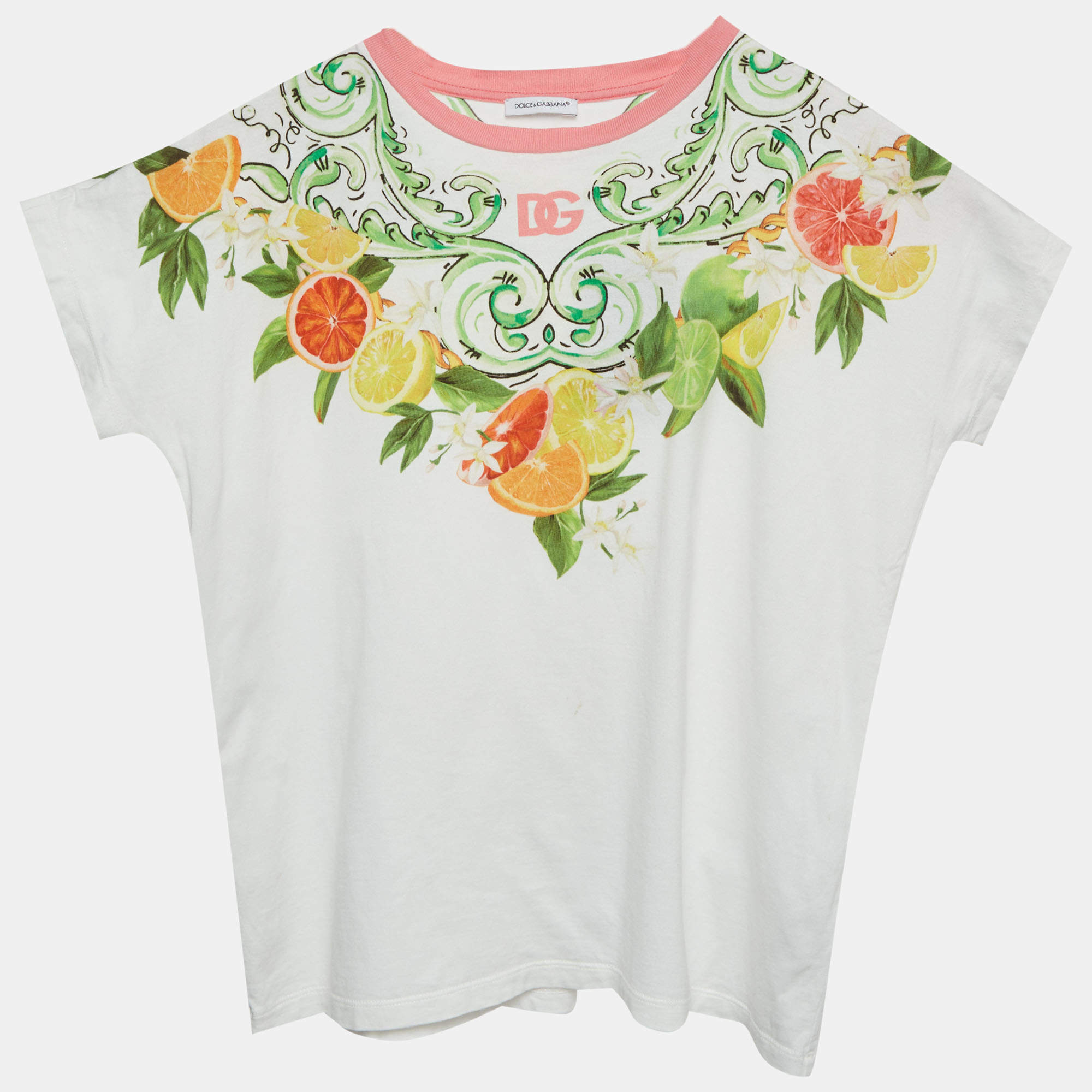 Pre Owned Dolce & Gabbana White Lemon Print Jersey Crew Neck T-Shirt 12+ Yrs