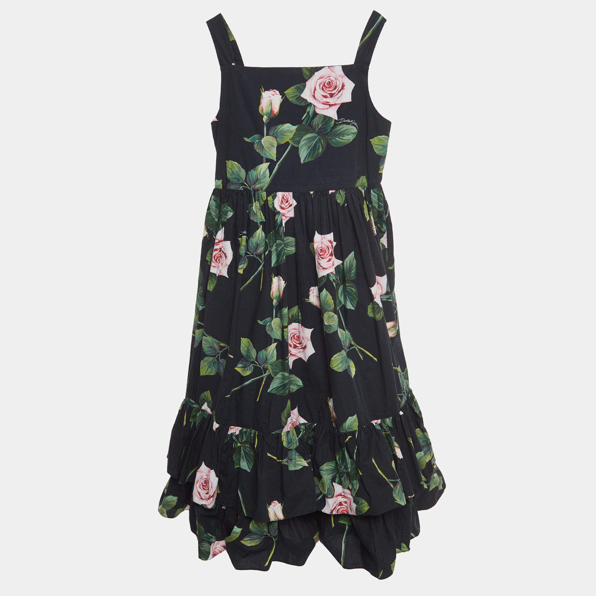 Dolce & Gabbana Black Rose Print Cotton Poplin Dress (11-12 Yrs)