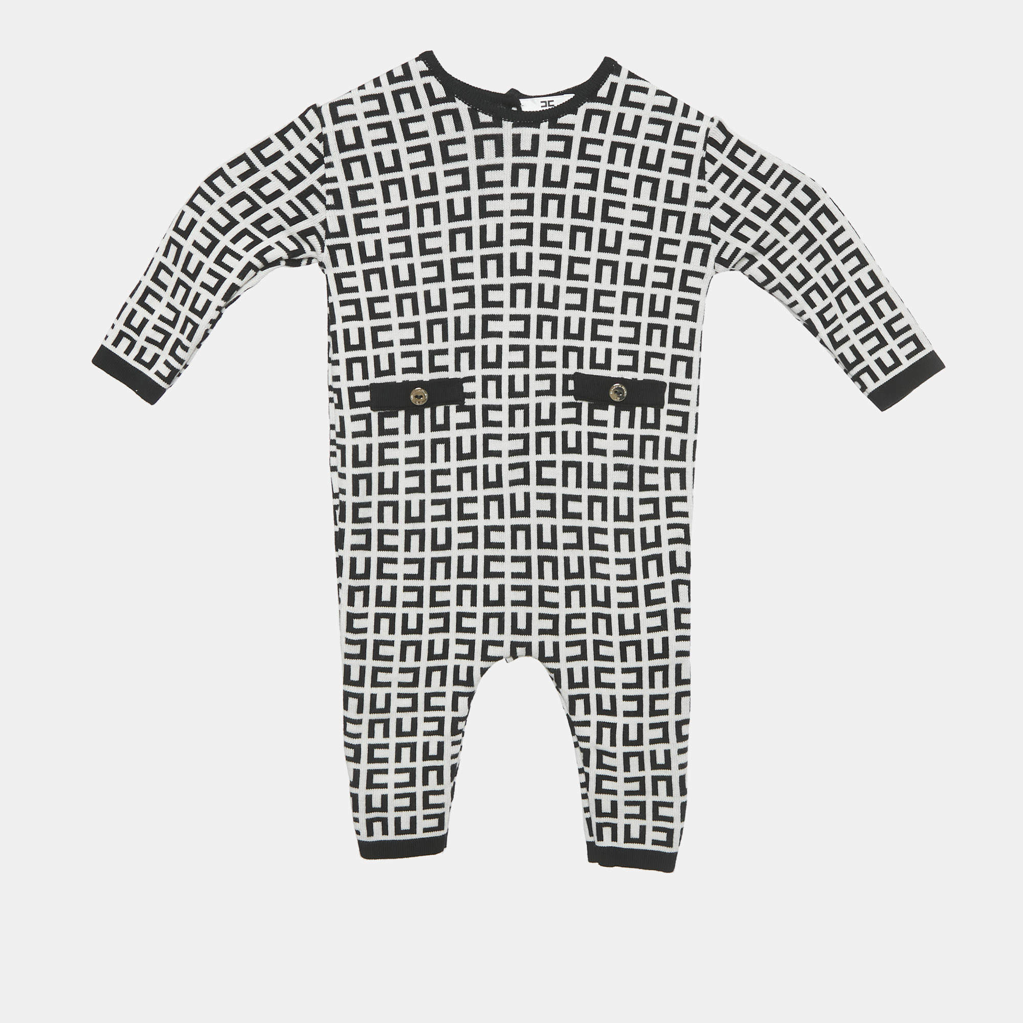 Pre Owned Elisabetta Franchi Black/White Monogram Knit Sleepsuit 6M