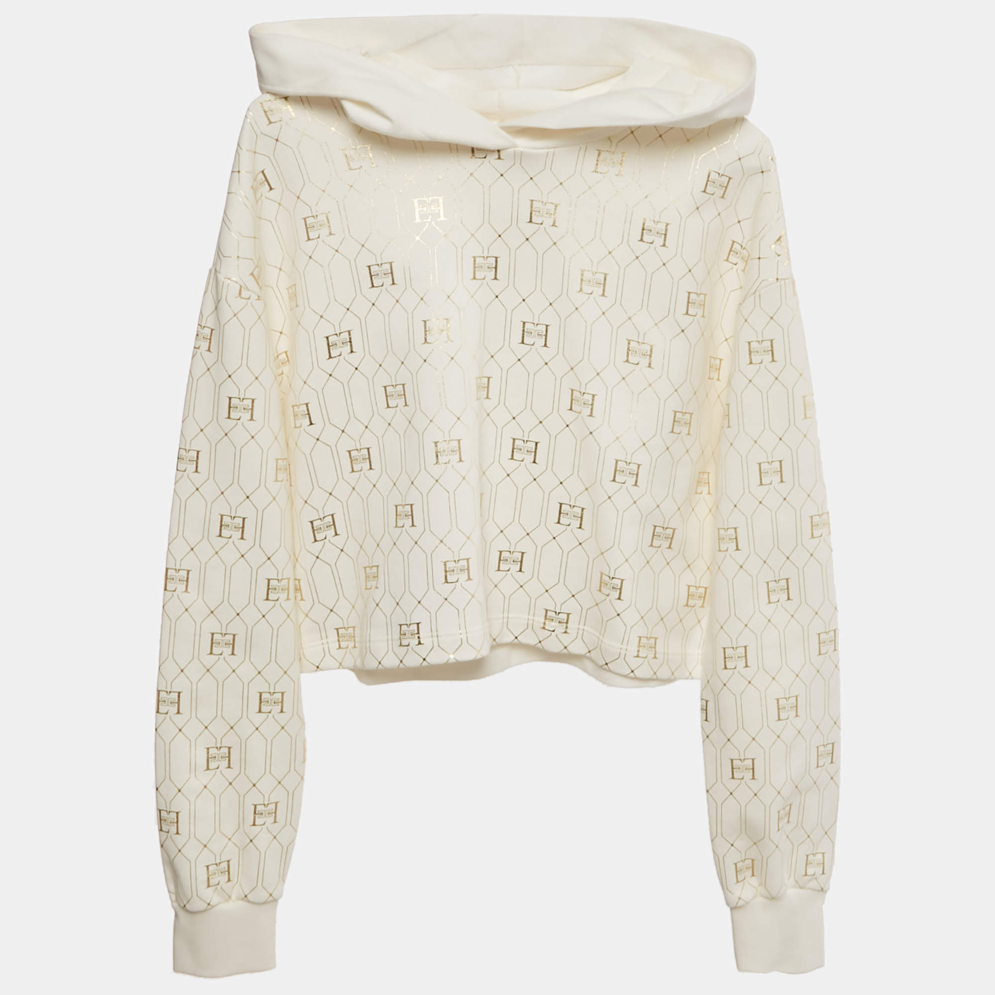 Pre Owned Elisabetta Franchi Kids White Foil Logo Print Cotton Cropped Hoodie 12+ Yrs