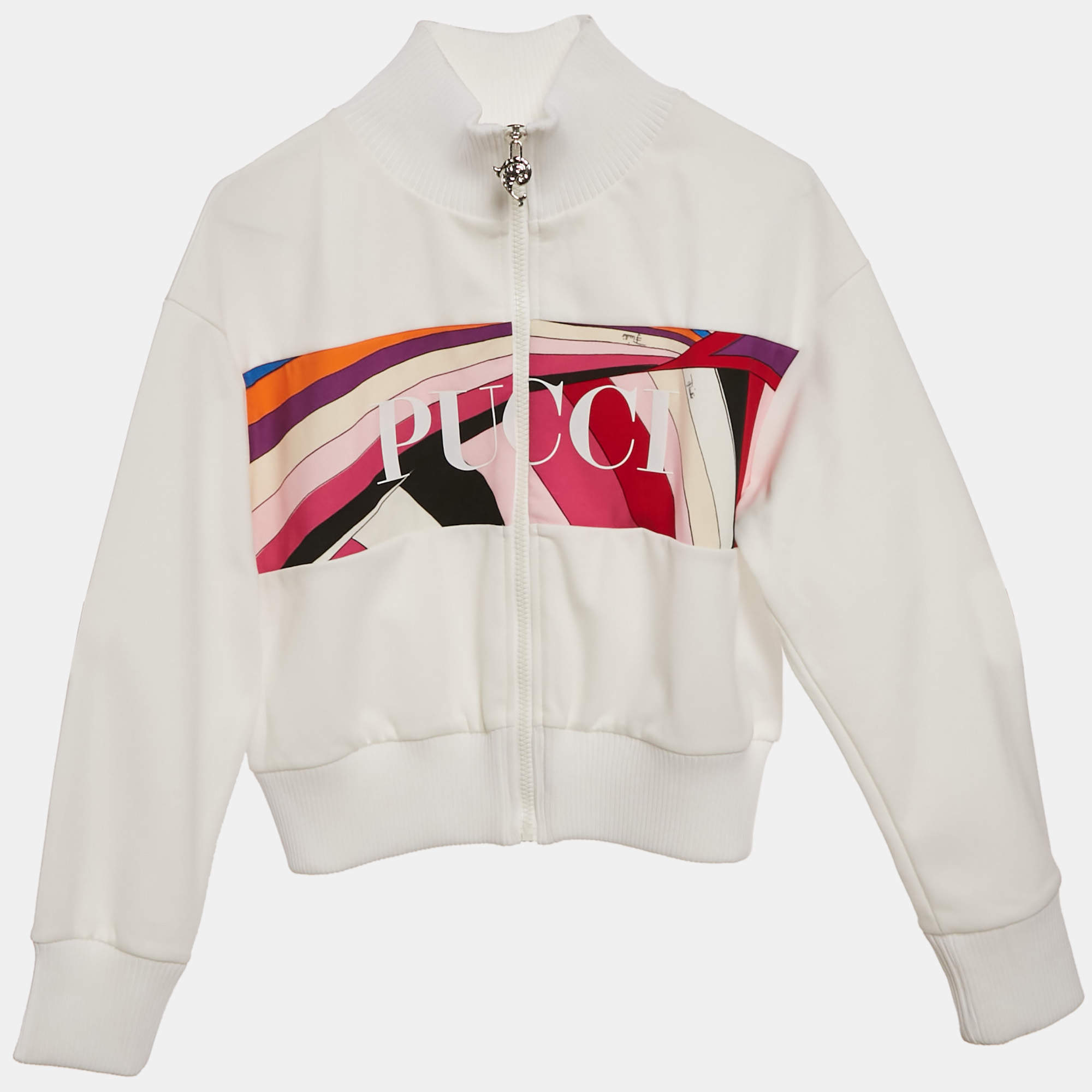 Pre Owned Emilio Pucci Kids White Iris Print Jersey Zip -Up Sweatshirt 12 Yrs