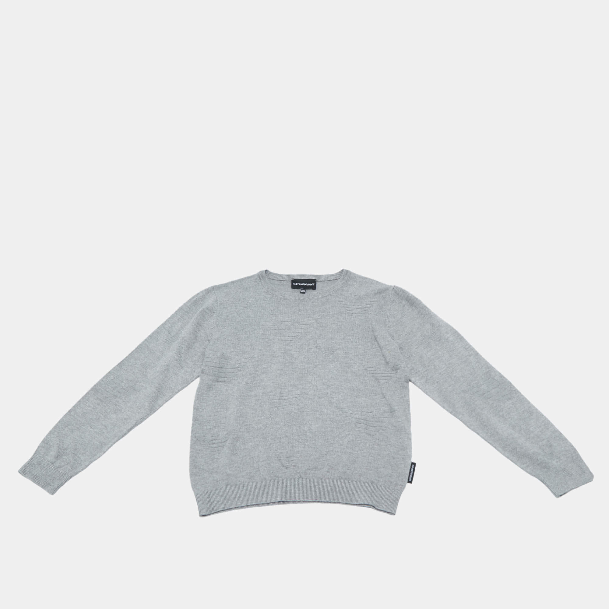 Pre Owned Emporio Armani Kids Grey Monogram Knit Crewneck Sweater 10 Yrs