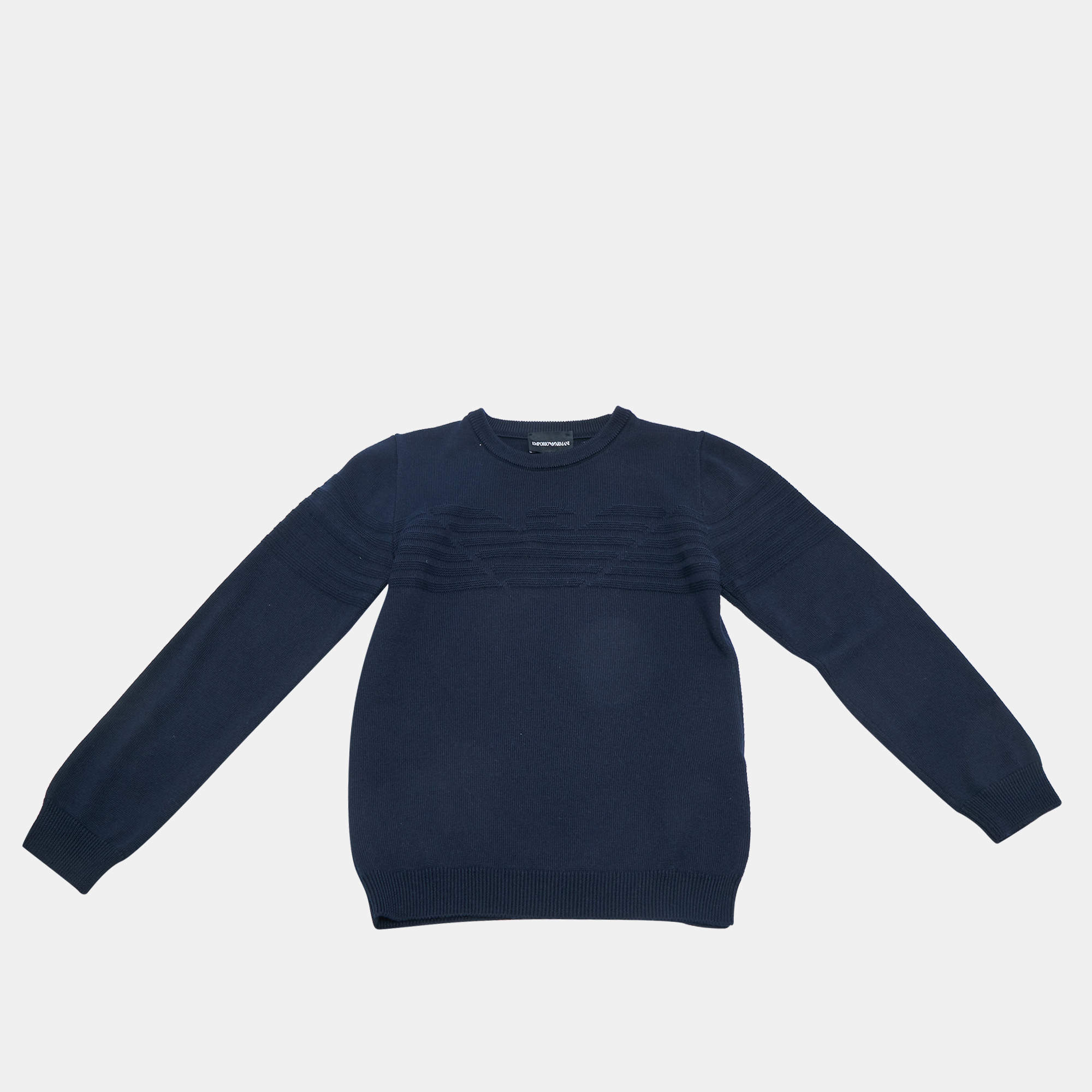 Pre Owned Emporio Armani Kids Navy Blue Logo Intarsia Knit Sweater 10 Yrs