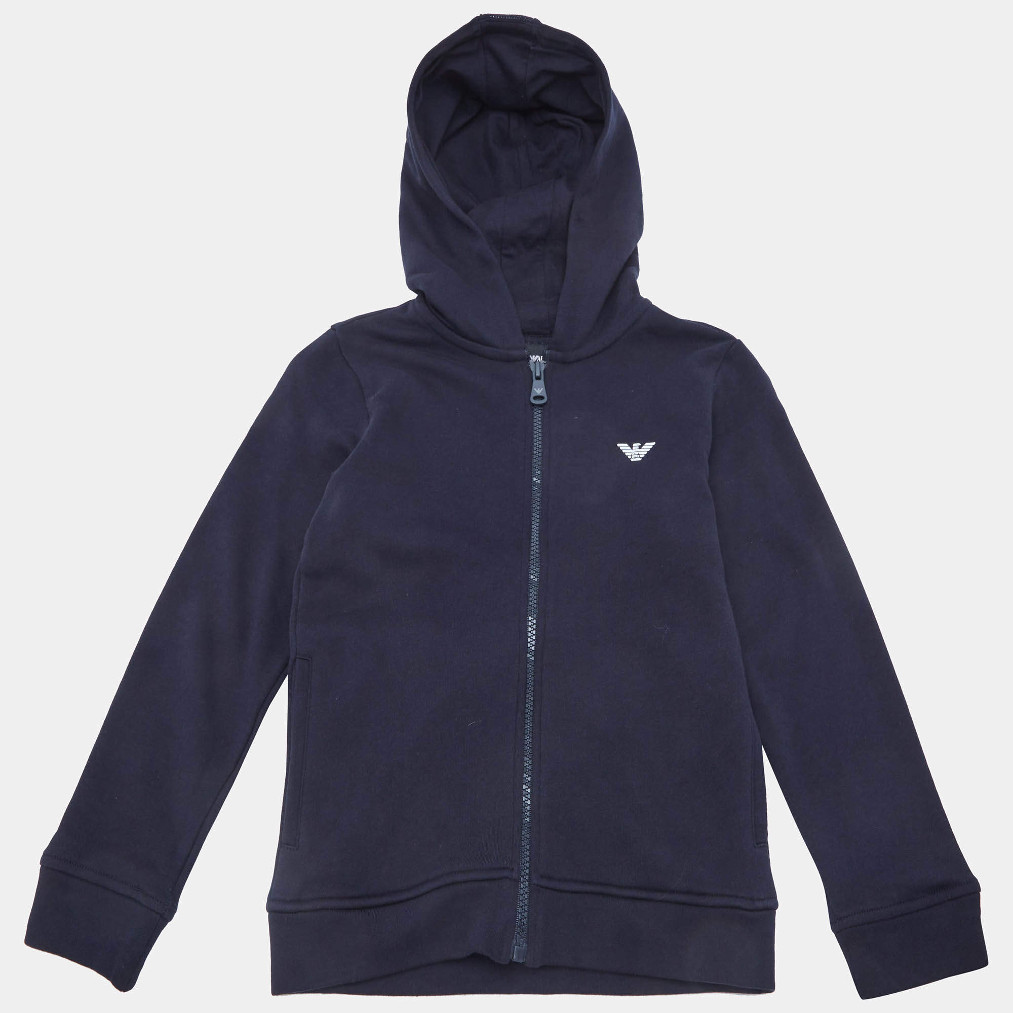 Pre Owned Emporio Armani Kids Navy Blue Logo Trim Cotton Knit Hooded Jacket 8 Yrs
