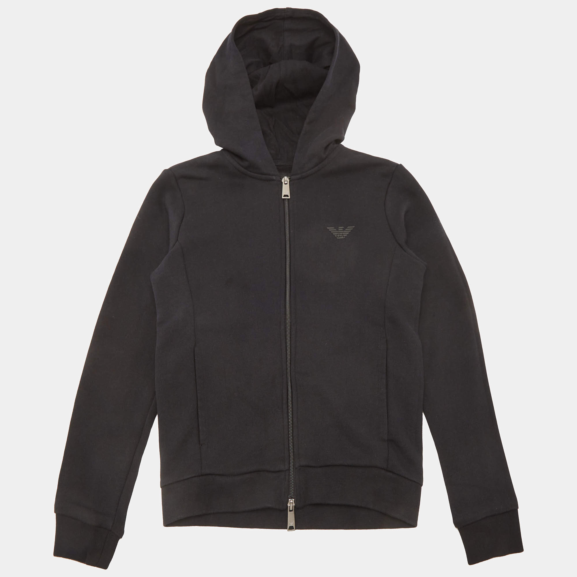 Pre Owned Emporio Armani Kids Black Cotton Knit Hooded Jacket 10 Yrs