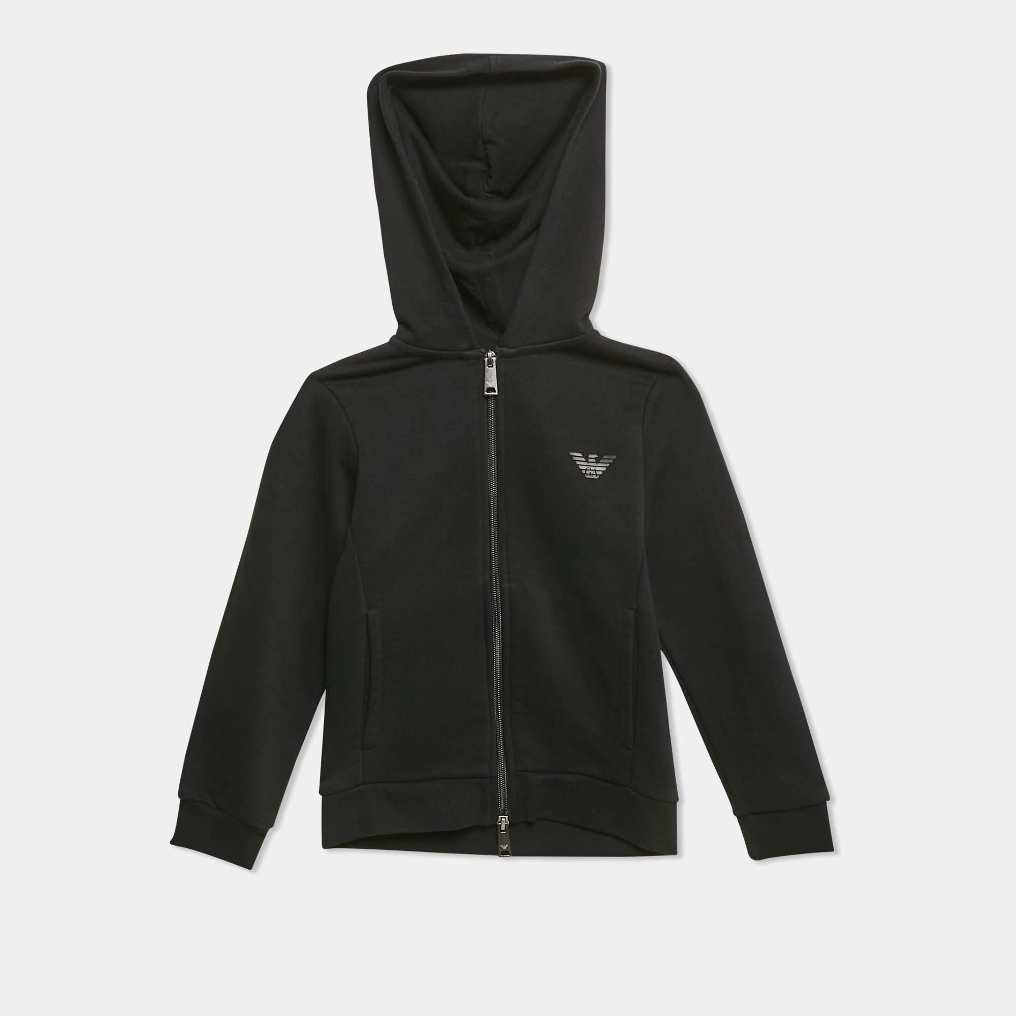 Pre Owned Emporio Armani Kids Black Cotton Knit Hooded Jacket 6 Yrs