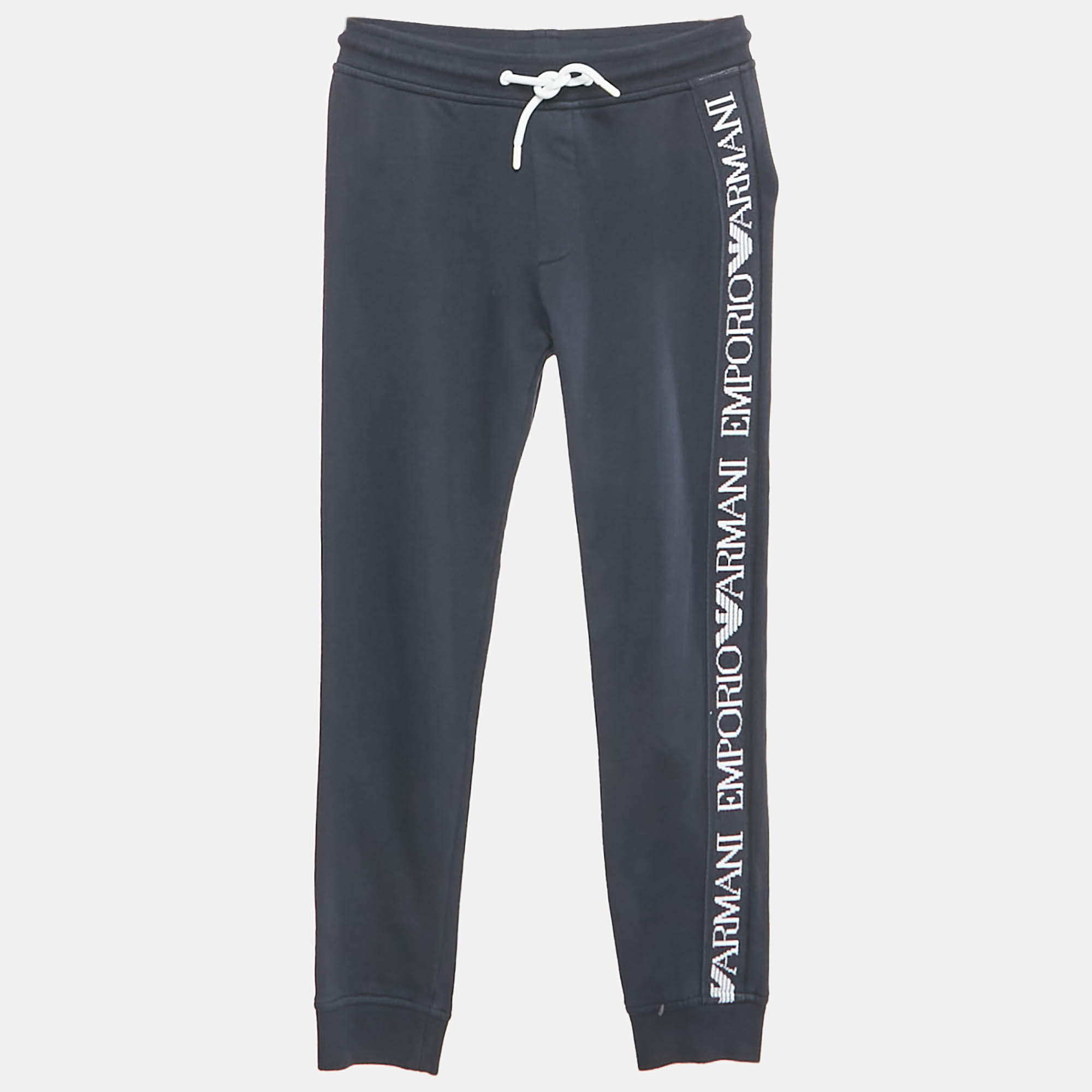 Pre Owned Emporio Armani Kids Navy Blue Cotton Knit Drawstring Jogger Pants 10 Yrs