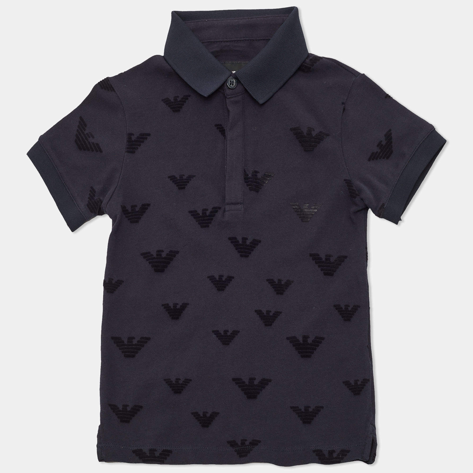 Pre Owned Emporio Armani Kids Navy Blue Logo Flocked Cotton Polo T-Shirt 4 Yrs