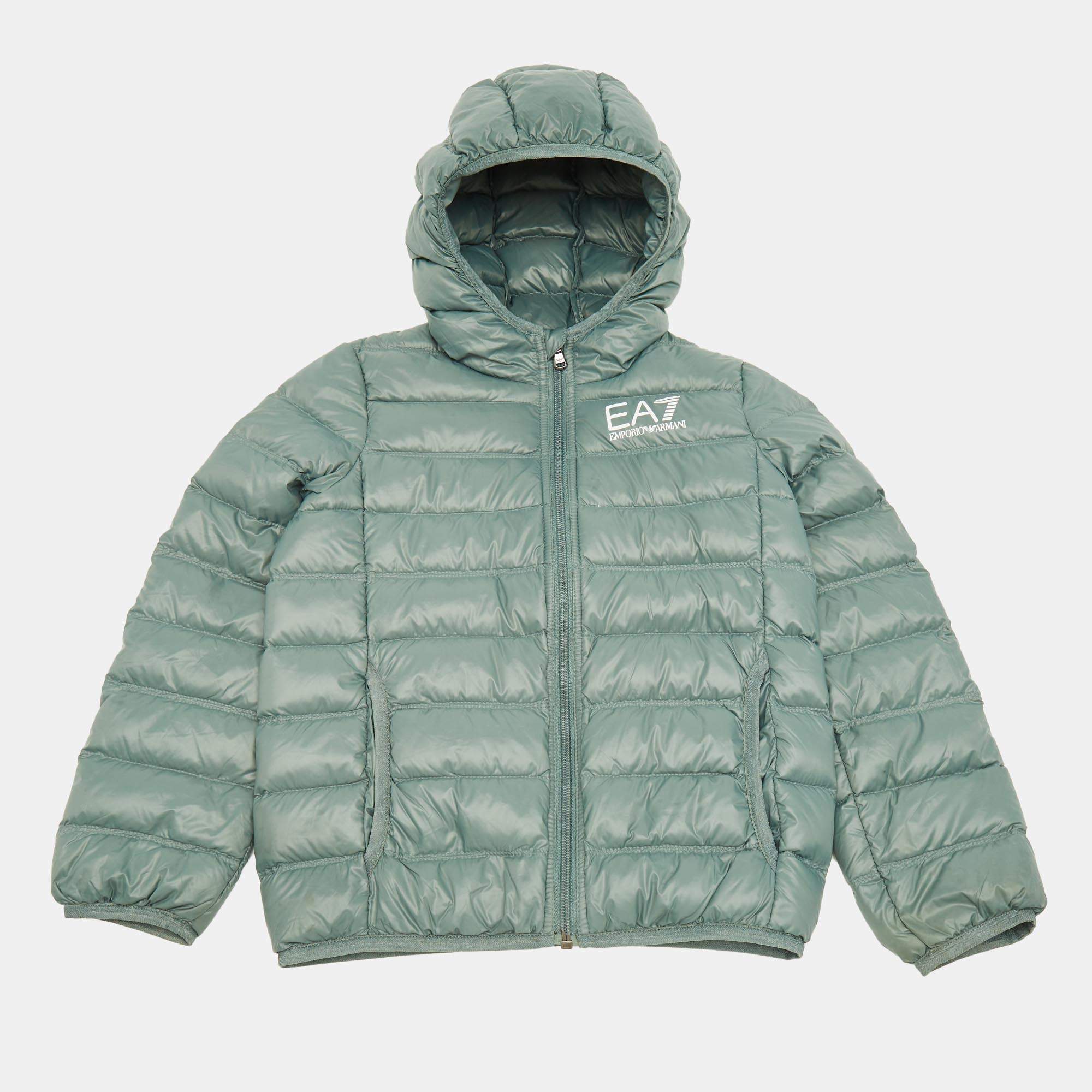 Pre Owned Emporio Armani Kids Sage Green Synthetic Printed Puffer Down Jacket 8 Yrs