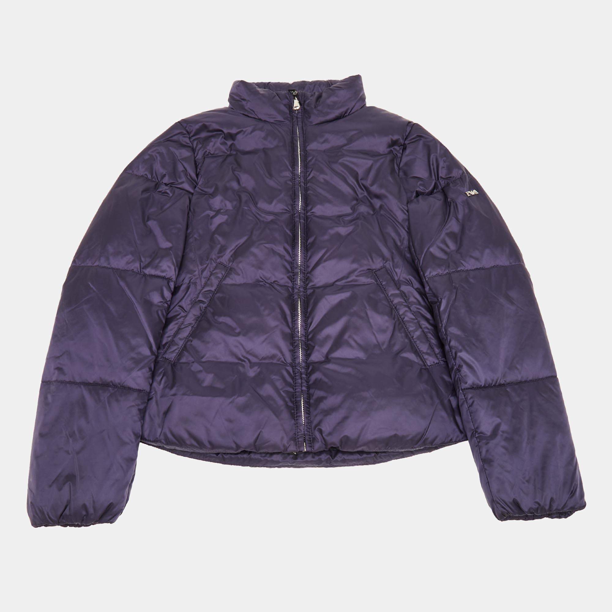 Pre Owned Emporio Armani Kids Purple Synthetic Concealed Hood Puffer Jacket 10Yrs