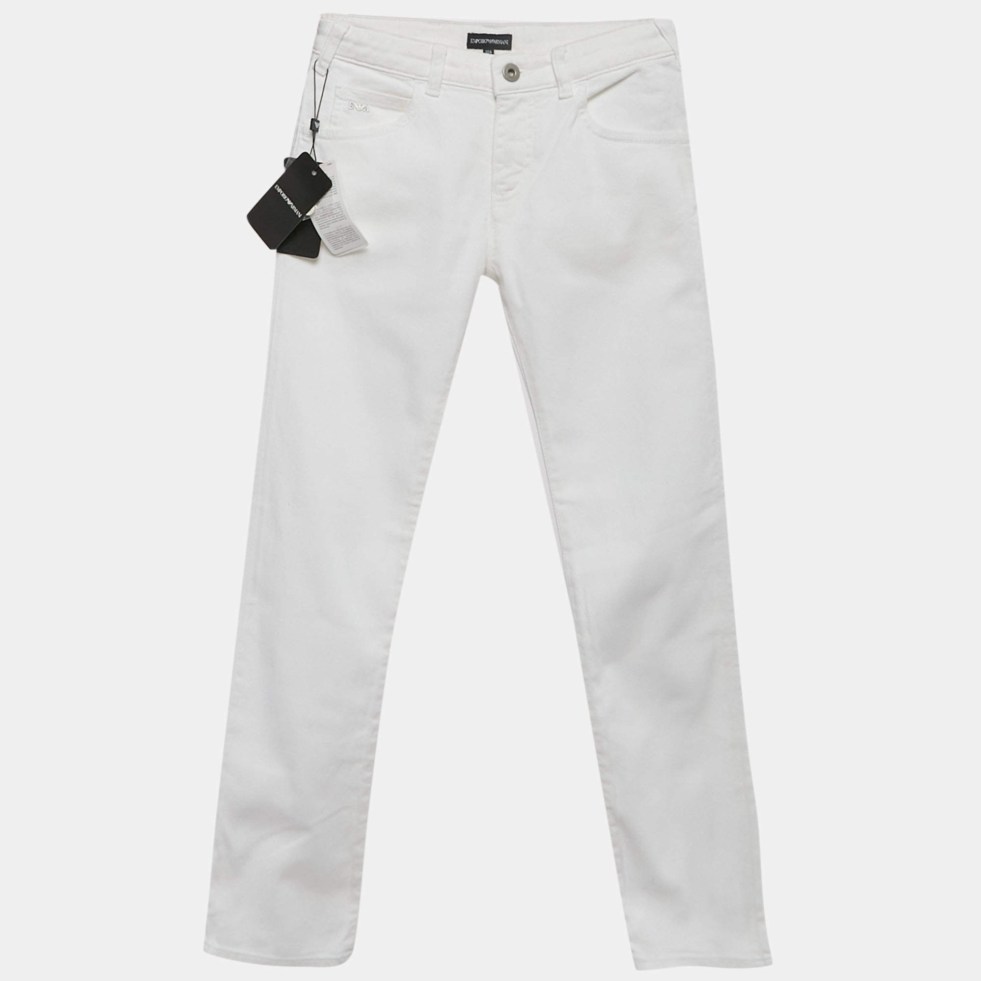 مملوكة مسبقًا جينز ضيق من الدنيم الأبيض للأطفال أرمانـي إمـبـوريـو للأطفال 10 سنوات مقاس الخصر 23 بوصة