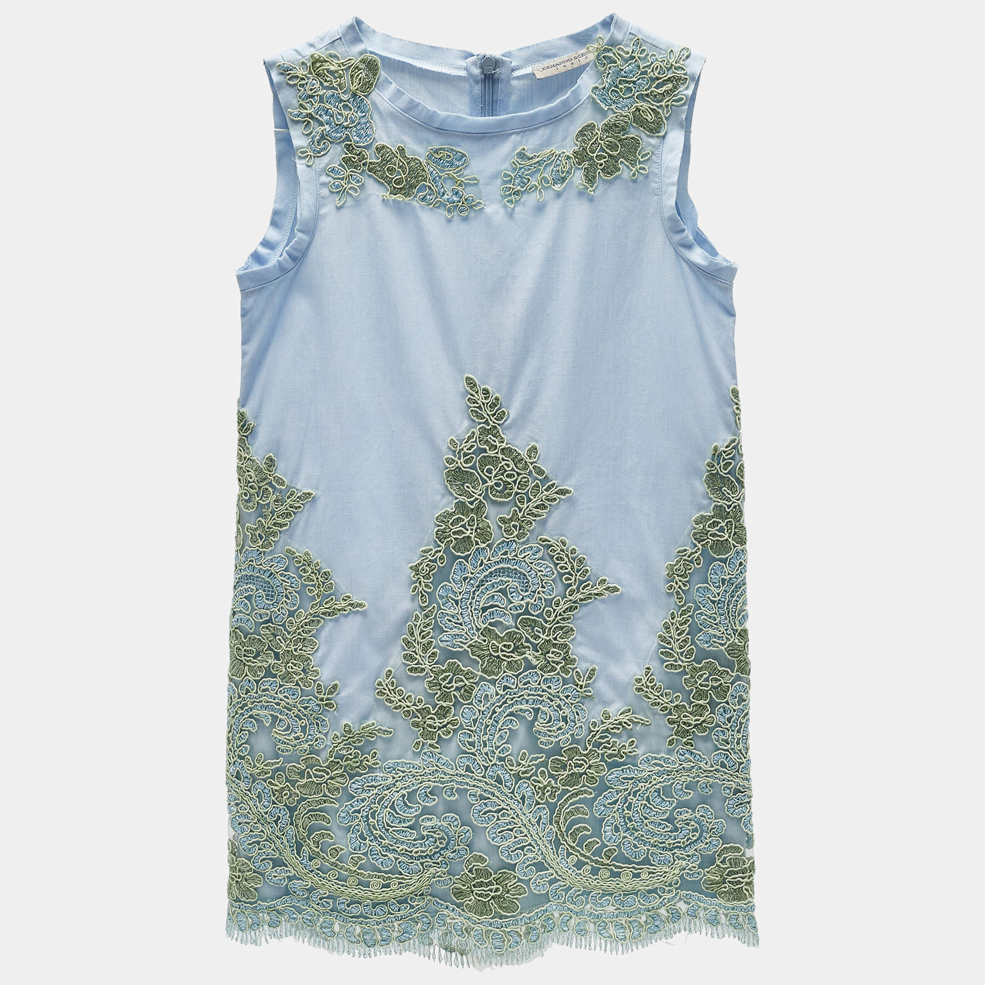 Ermanno Scervino Junior Blue Cotton Lace Patch Detail Sleeveless Dress 8 Yrs