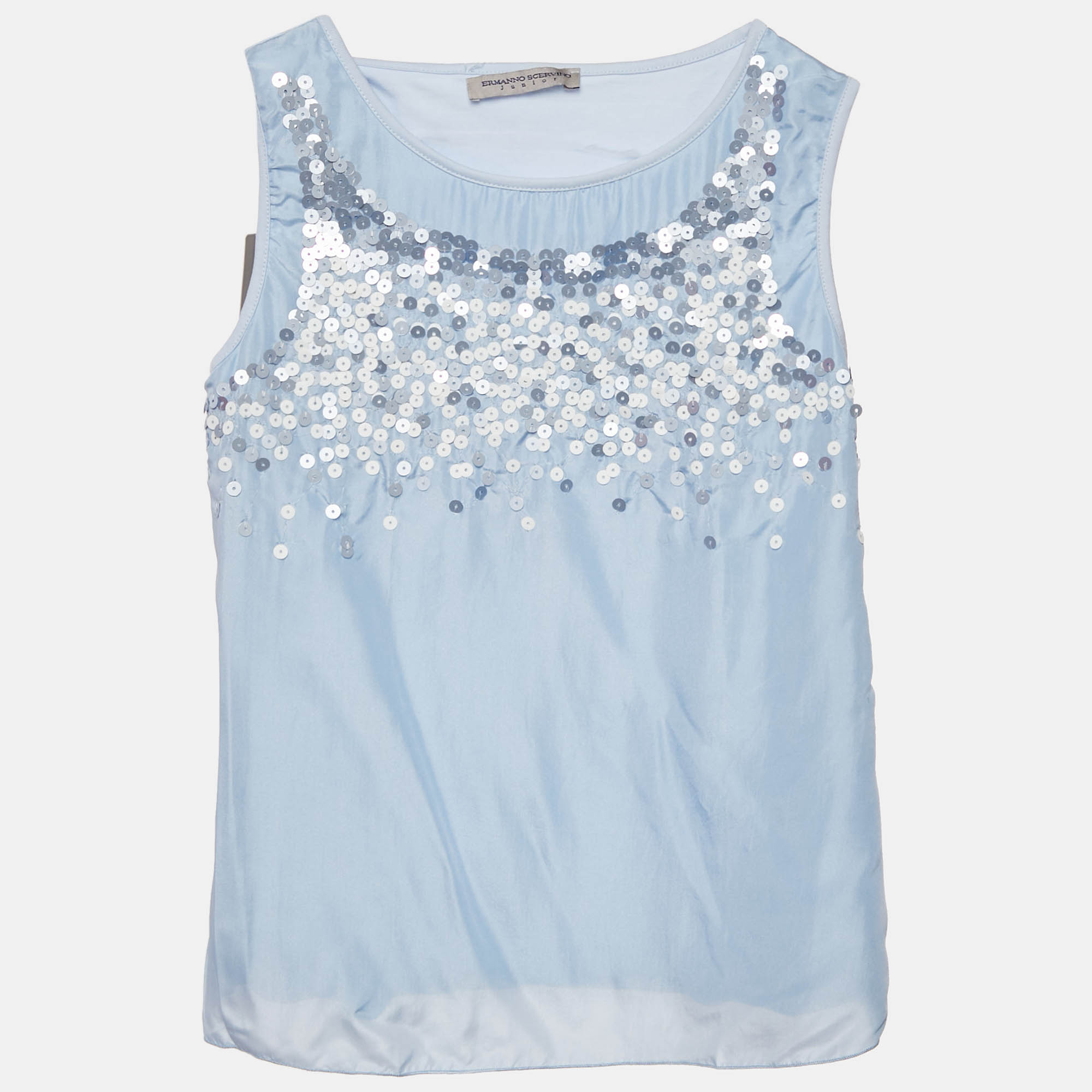 Ermanno Scervino Blue Sequin Crepe and Cotton Knit Sleeveless Top 10 Yrs