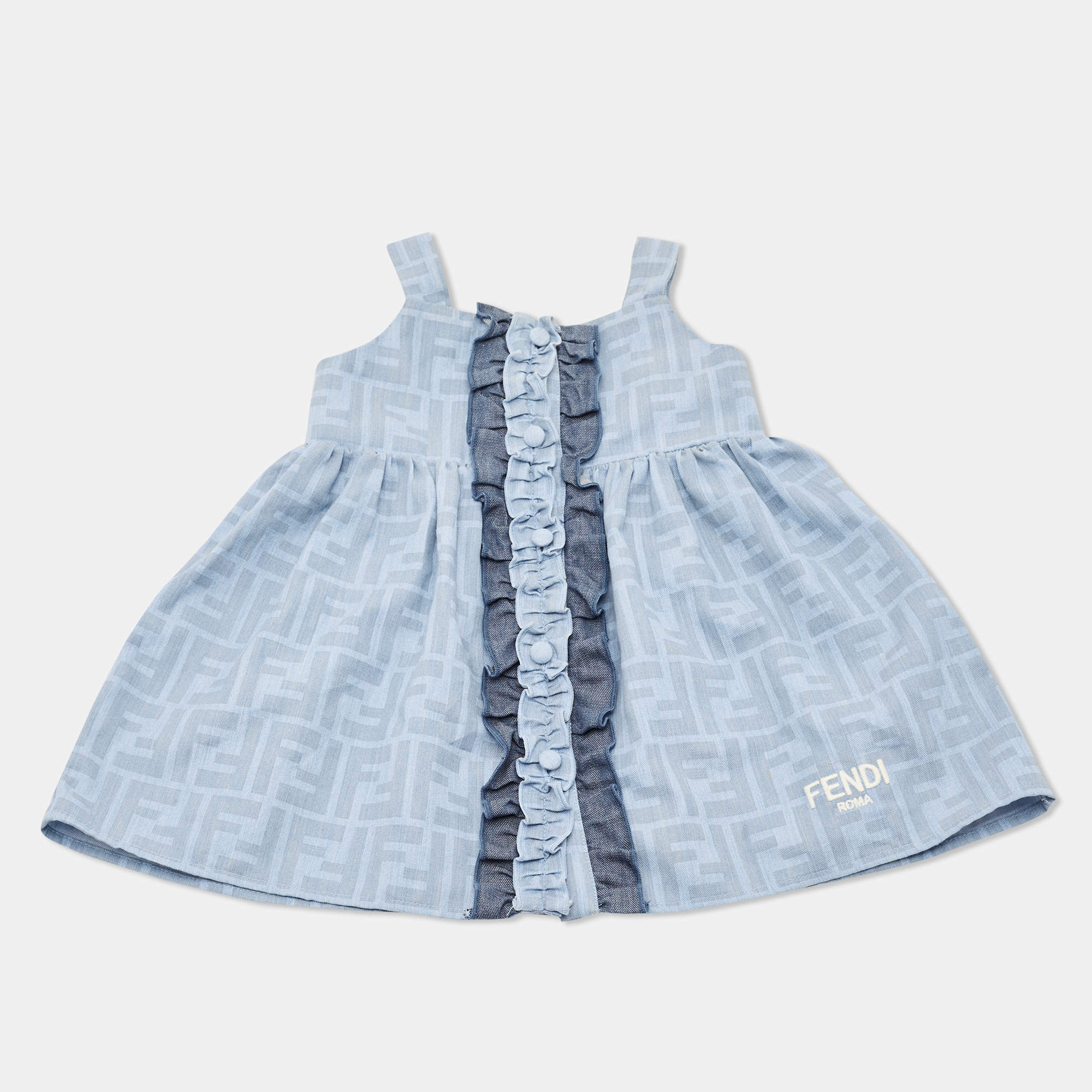 Pre Owned Fendi Kids Blue Logo Print Chambray Ruffled Detail Dress 6 Months 