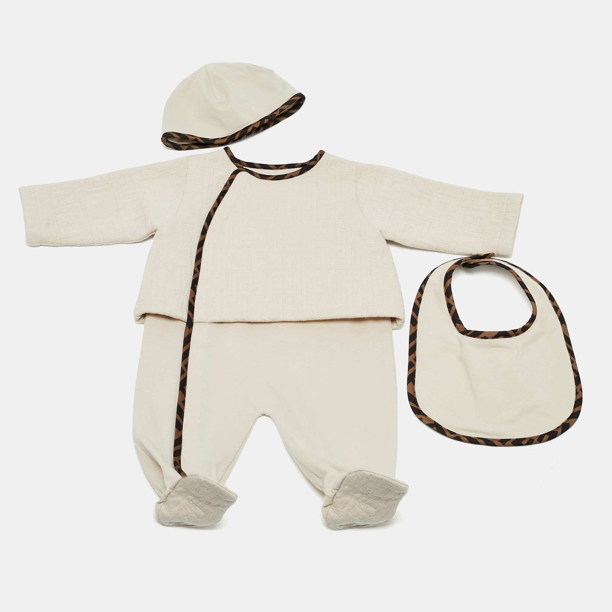 Pre Owned Fendi Beige FF Embossed Cotton Babygrow Set 3M