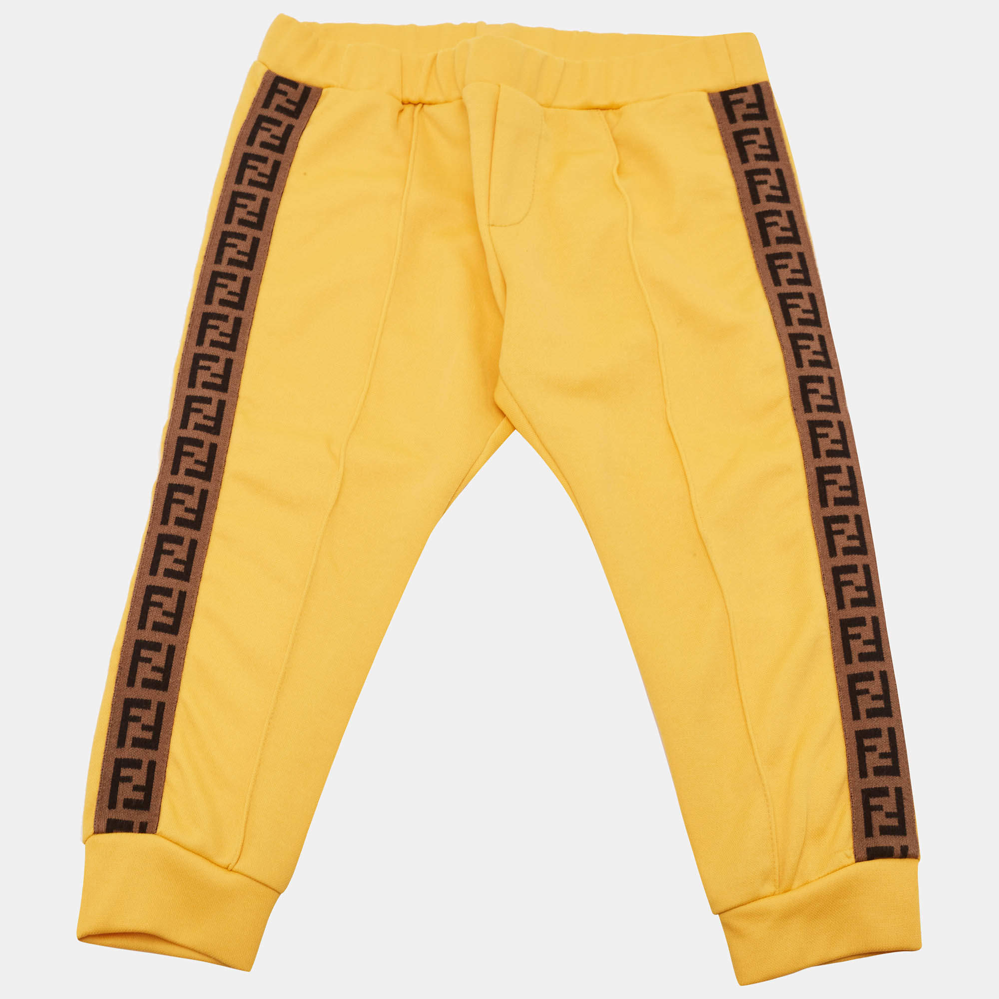 Pre Owned Fendi Kids Yellow Jersey Zucca Tape Detail Joggers 24 M