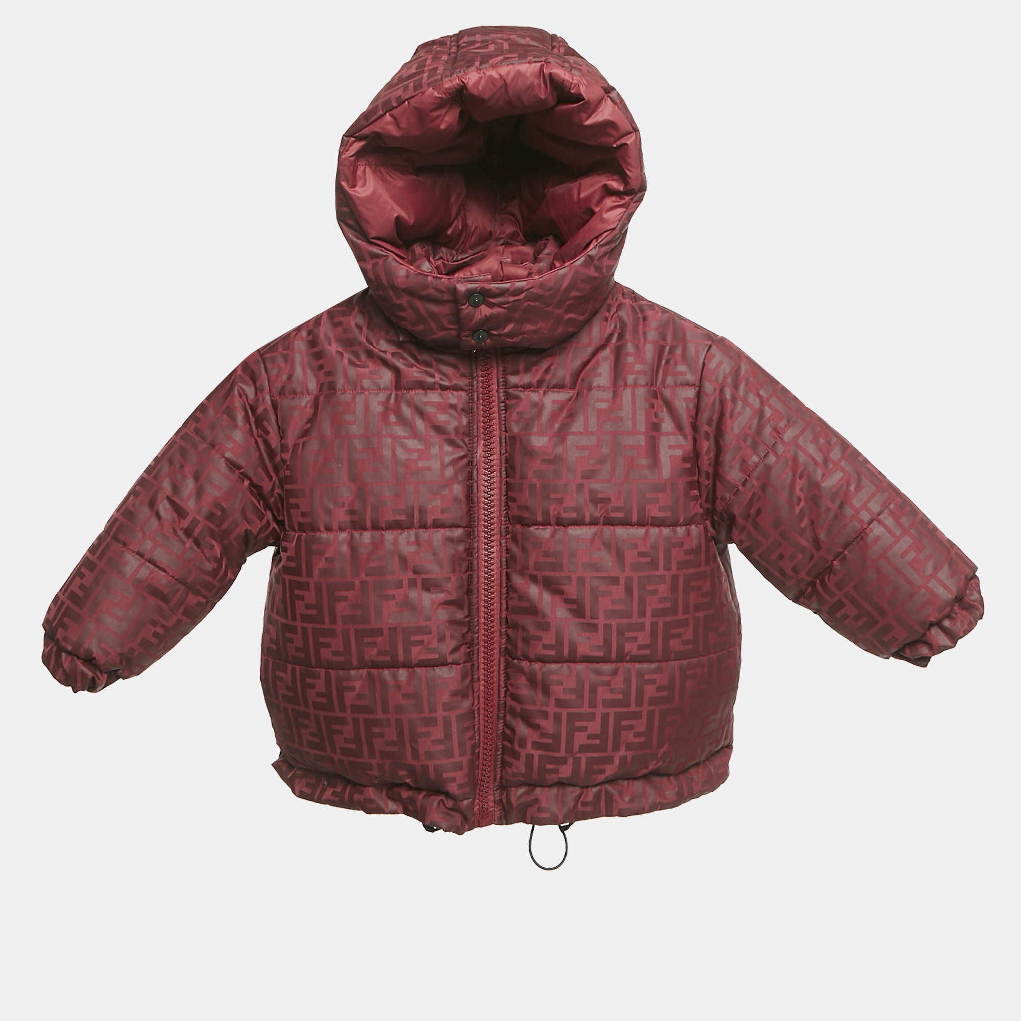 Fendi Kids Dark Red Zucca Monogram Print Synthetic Hooded Down Jacket 3 Yrs