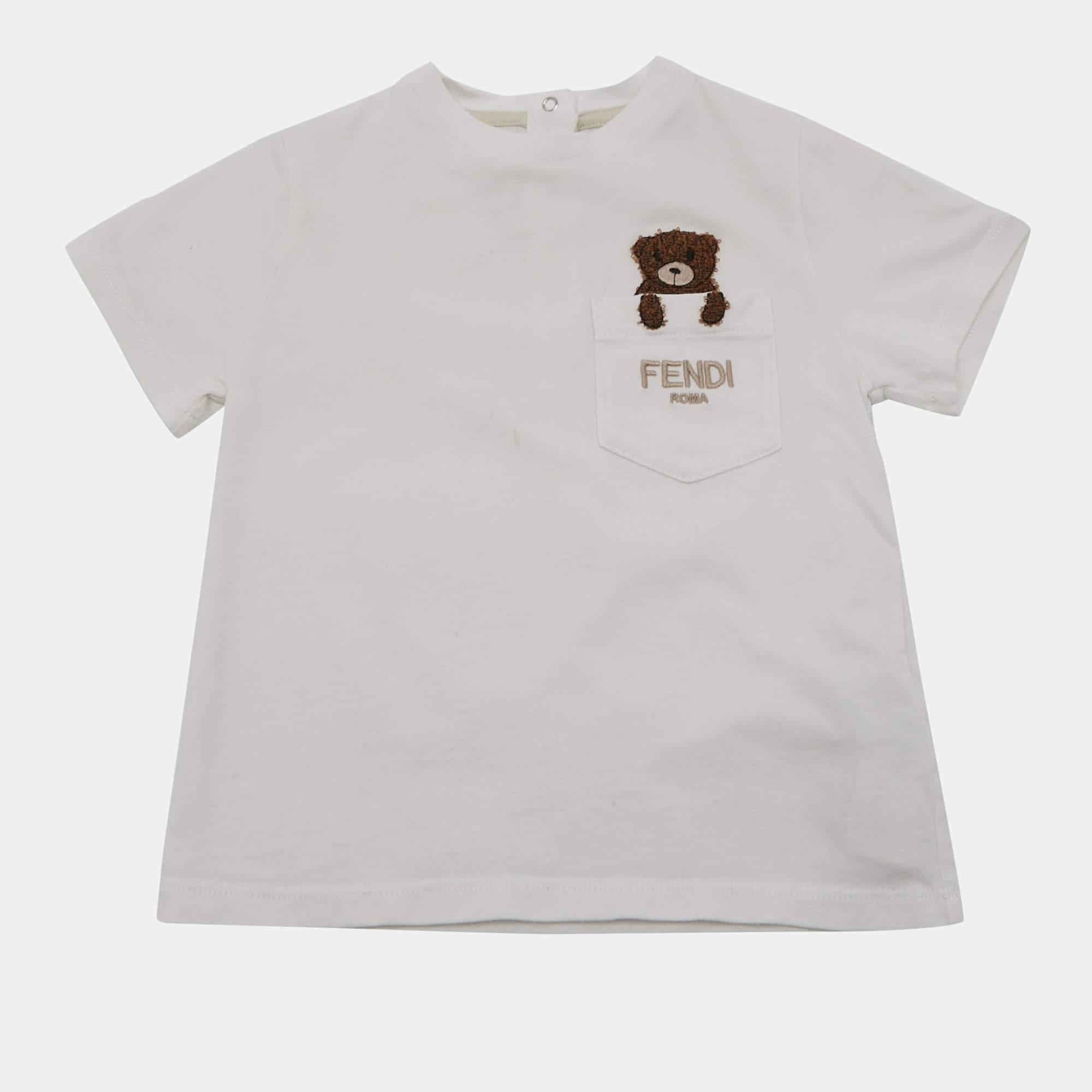 Pre Owned Fendi Kids White Teddy Bear Embroidery Cotton T-Shirt 18 M