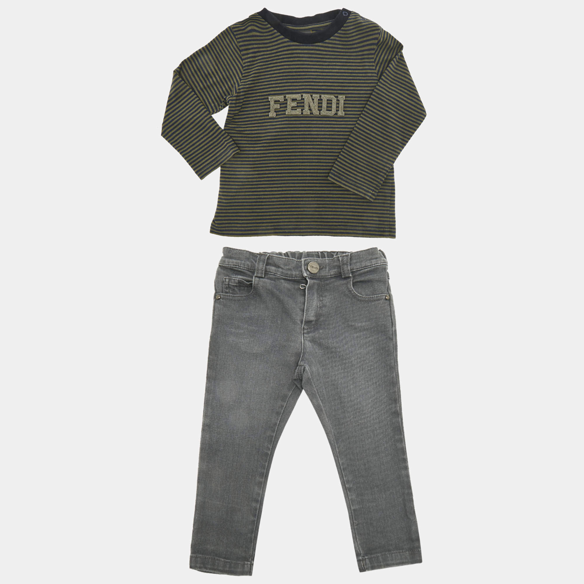 Pre Owned Fend Kids Grey /White Top Cotton & Denim 3 Piece Set 18 Months