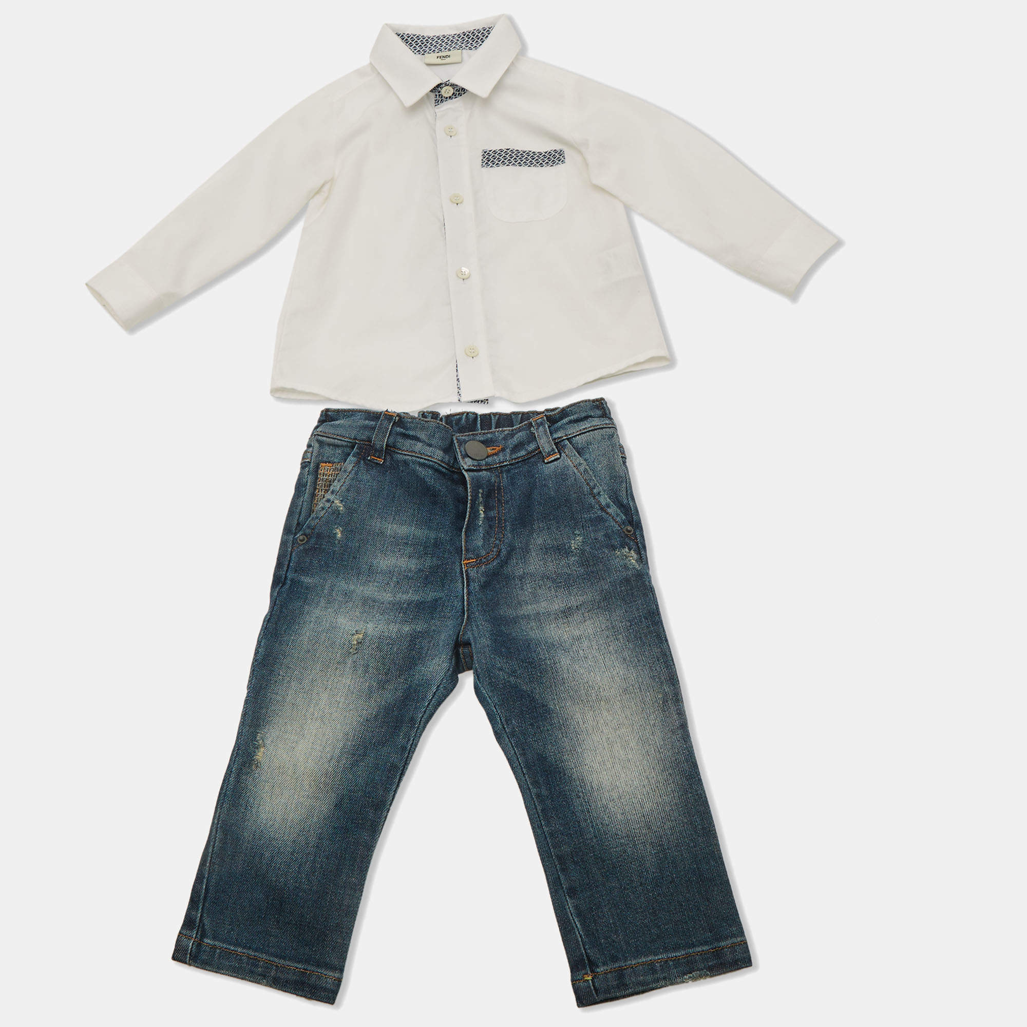 Pre Owned Fendi Kids White/Blue Cotton and Denim 2 Piece Set 9M