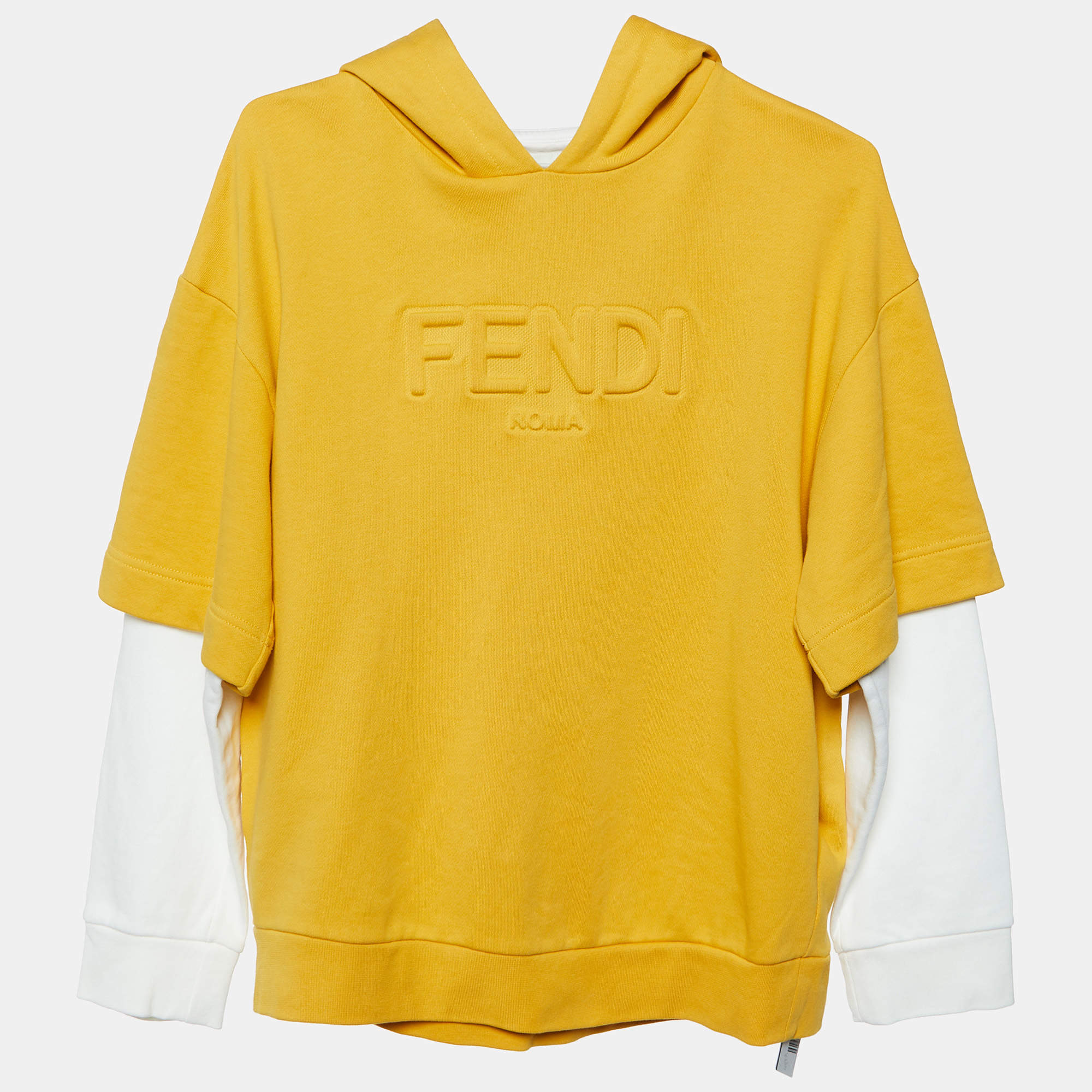 Pre Owned Fendi Yellow Logo Embossed Cotton Hooded Sweatshirt 12 Yrs