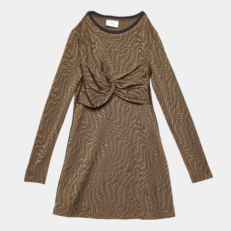 Fendi Kids Brown FF Vertigo Pattern Knit Bow Detail Dress 7 Yrs