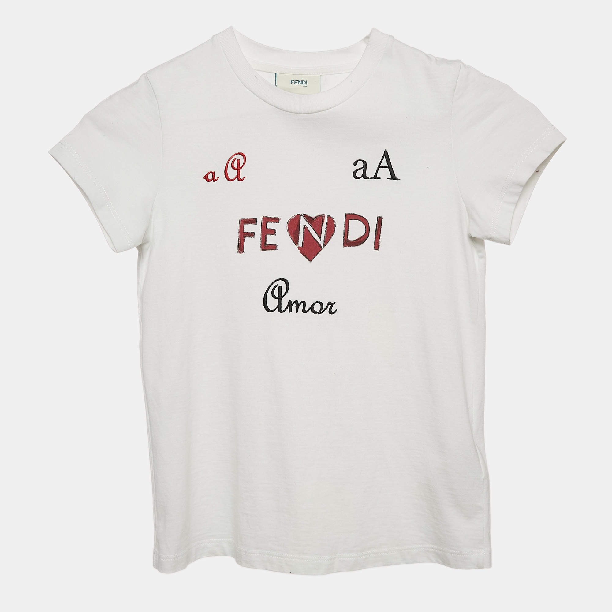 Pre Owned Fendi Kids White Logo Print Cotton Crew Neck T-Shirt 7 Yrs
