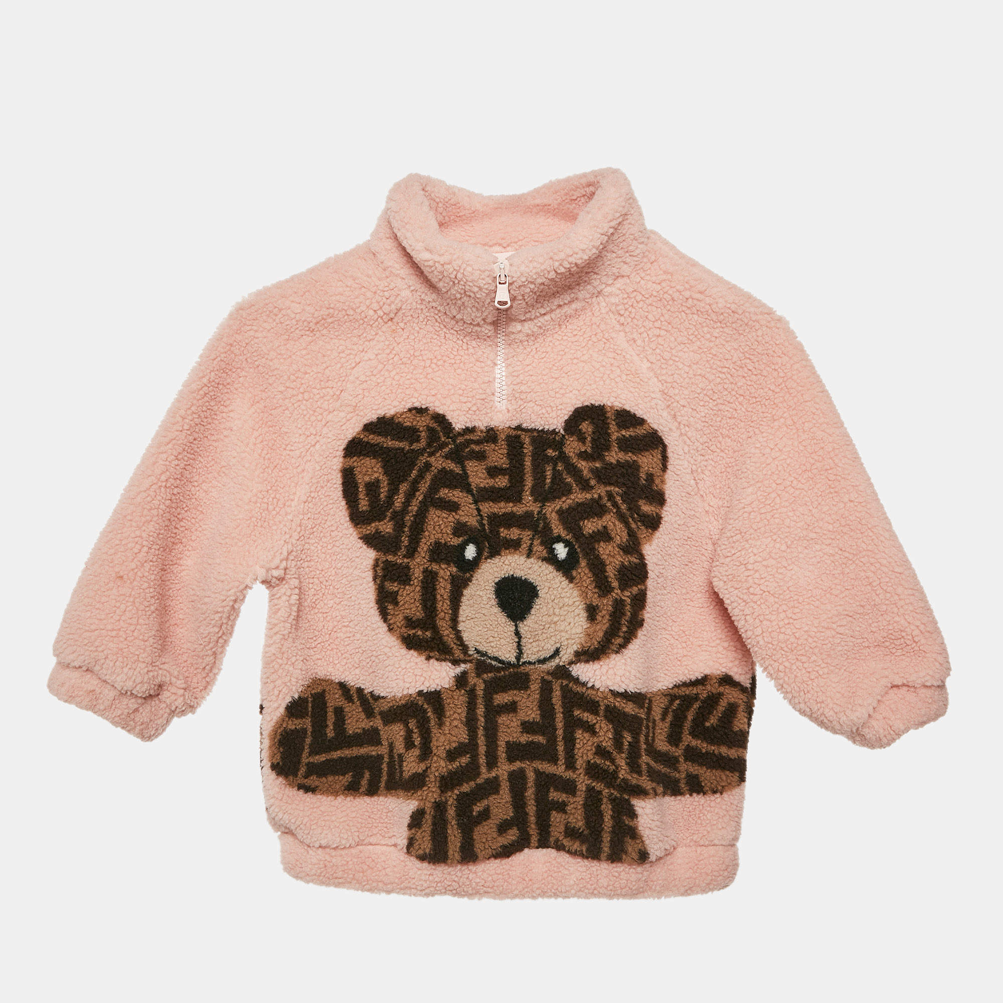 Pre Owned سويتر فندي للأطفال باللون الوردي المصنوع من الفرو ومطرز بشكل دب 3 سنوات