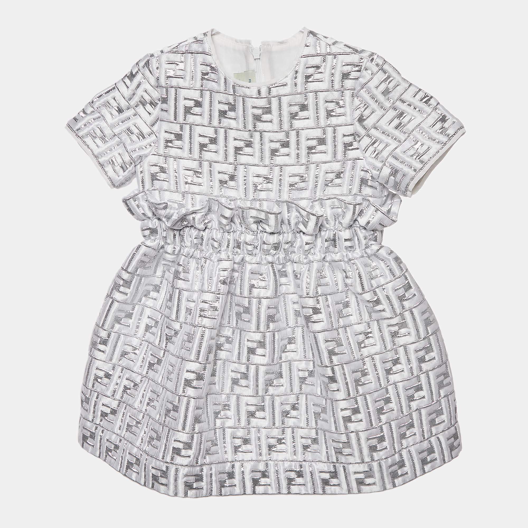 مملوكة مسبقًا Fendi Kids Silver Zucca Jacquard Lurex Ruffled Dress 4 Yrs
