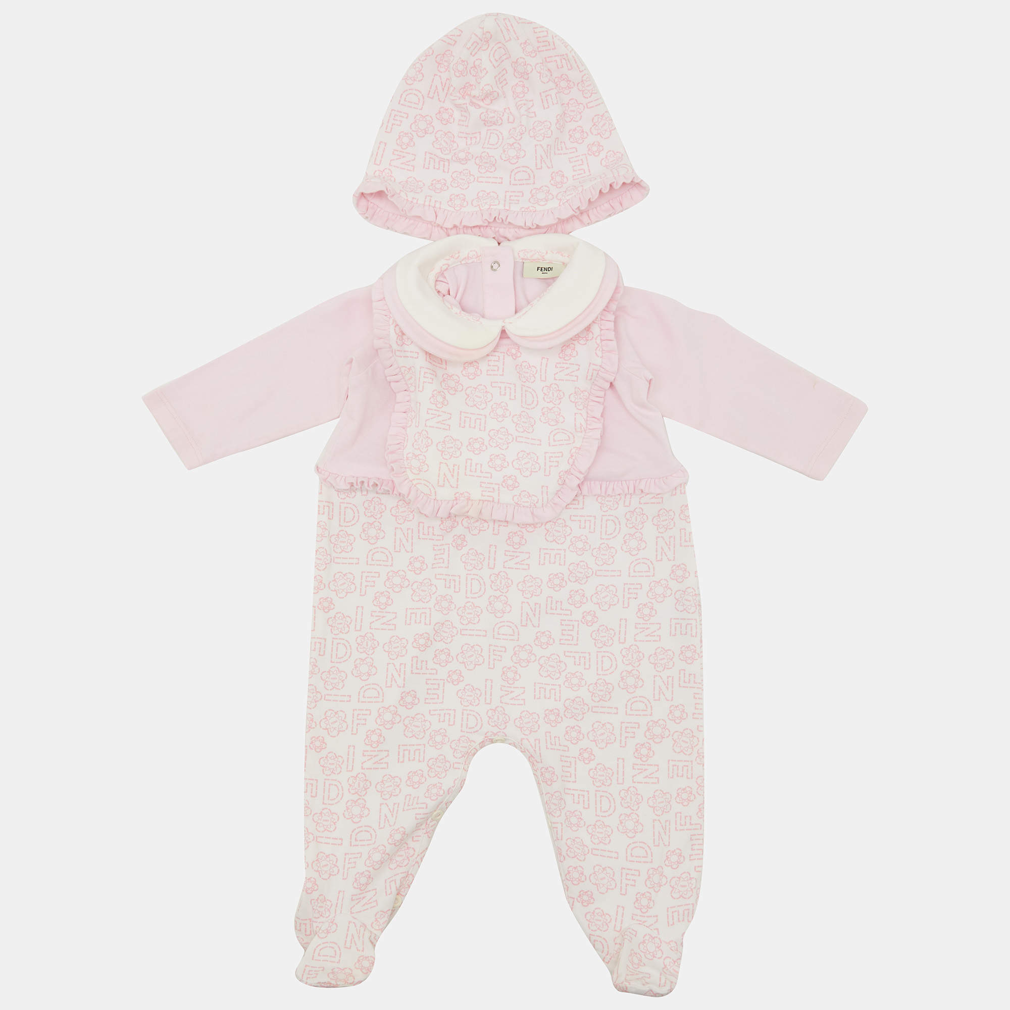 Fendi Pink Cotton Bodysuit/Cap and Bib Set 6M