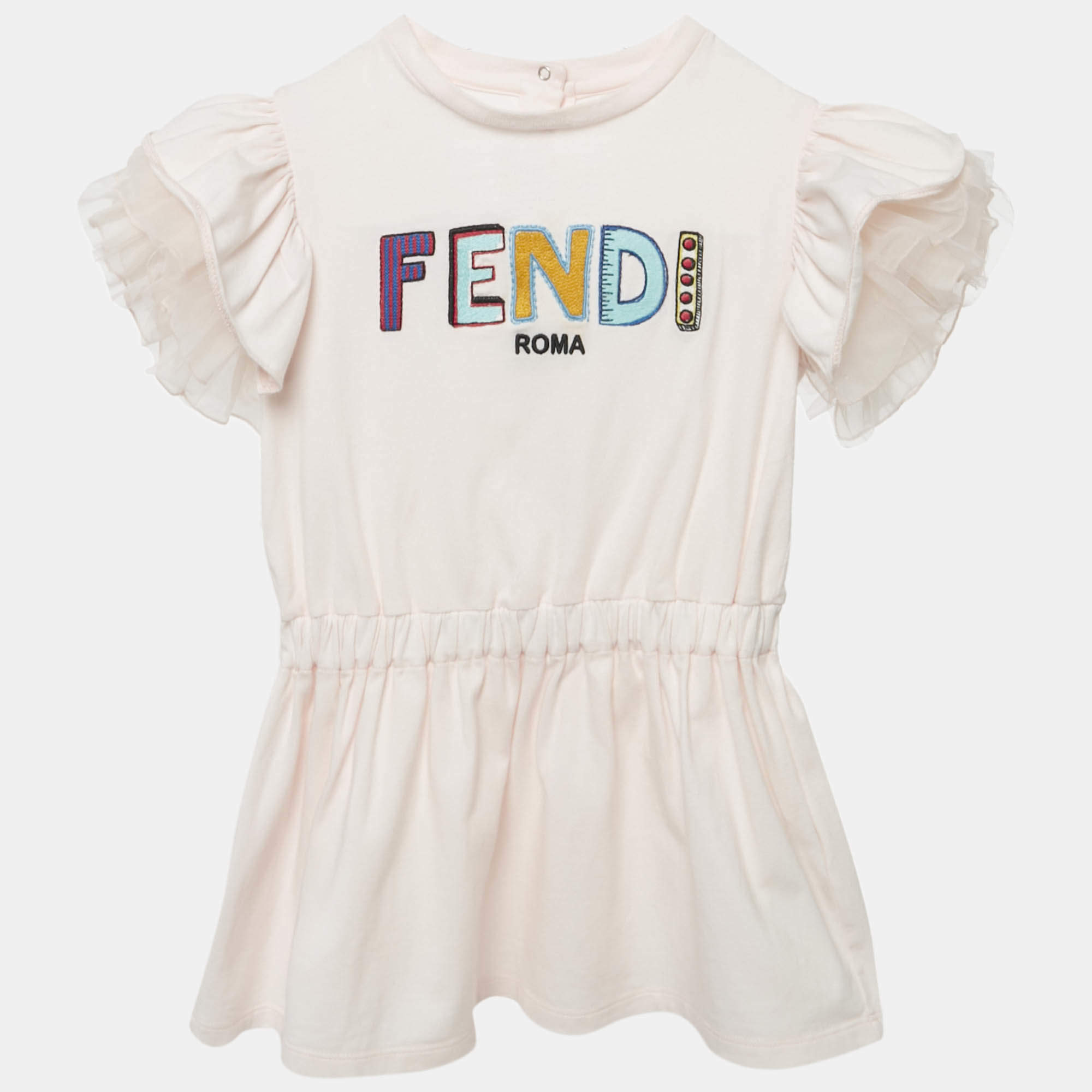 Pre Owned Fendi Baby Pink Logo Applique Tulle Ruffled Sleeve Dress 24M