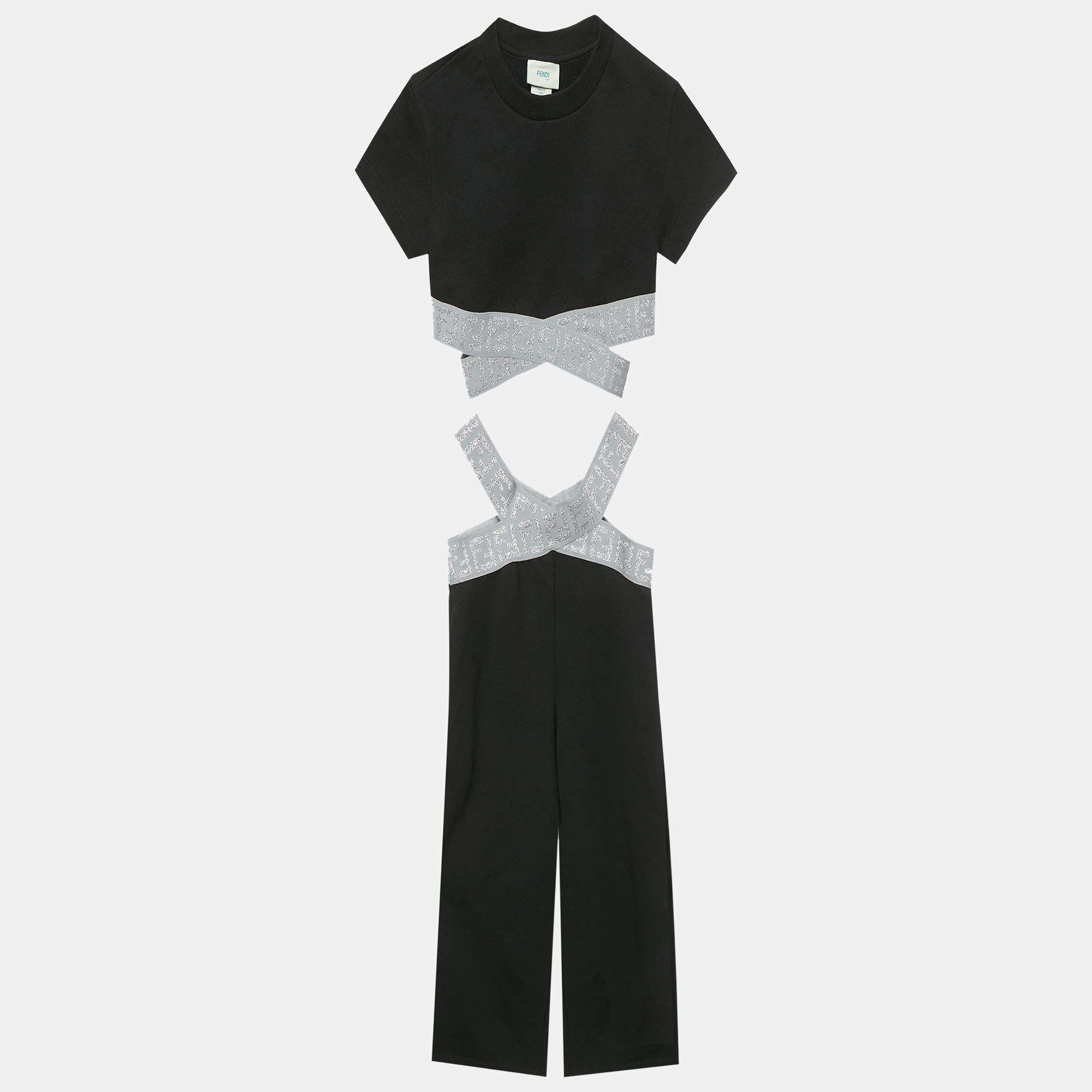 Pre Owned  Fendi Kids Black Metallic Zucca Trim Cotton Top and Pants Set 8 Yrs 