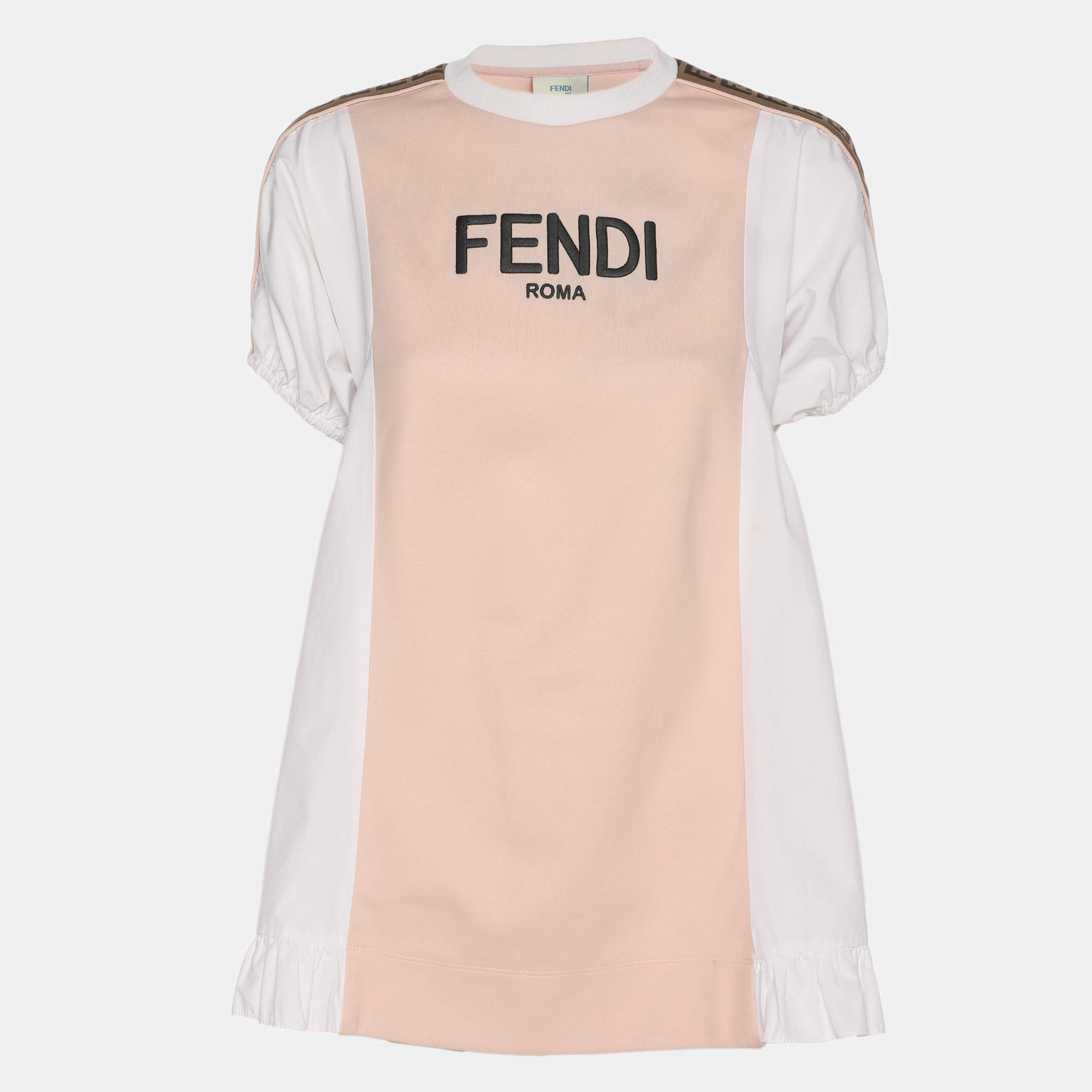 Pre Owned Fendi Kids Pink/White Jersey Logo Embroidered Dress 7 Yrs