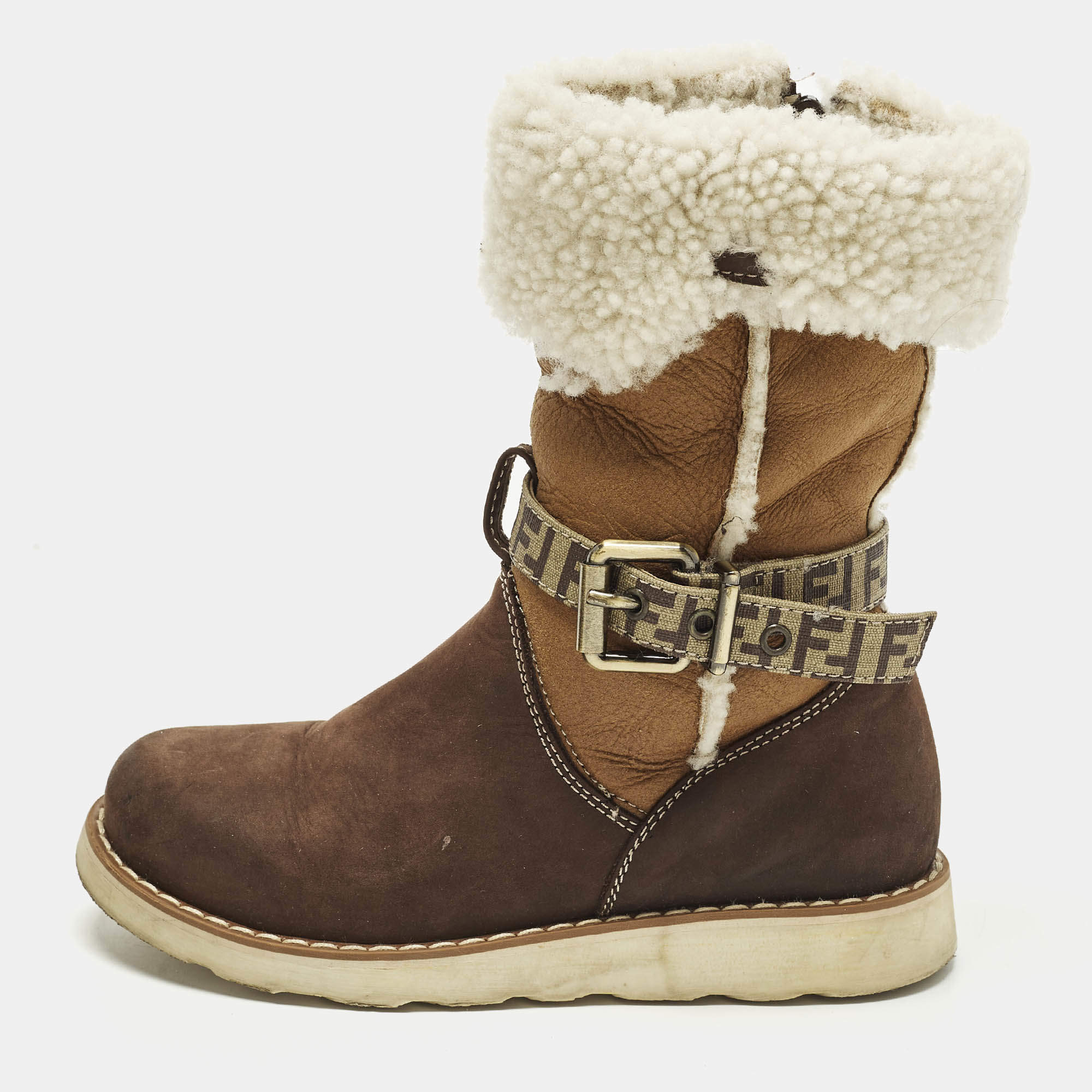 مملوكة مسبقًا حذاء بطول بطة الساق فيندي جلد شمواه بني ومقصوص مقاس 31