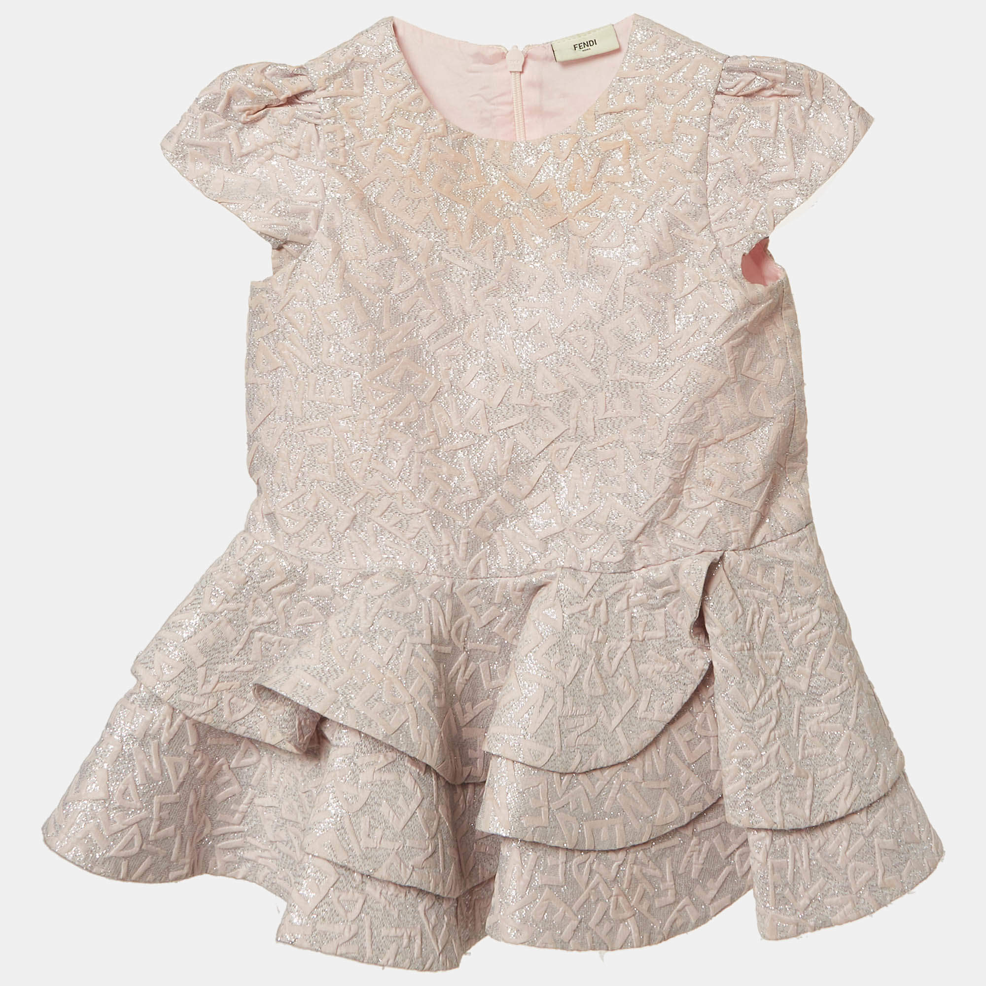 Pre Owned Fendi Light Pink Metallic Jacquard Frill Dress 12 M
