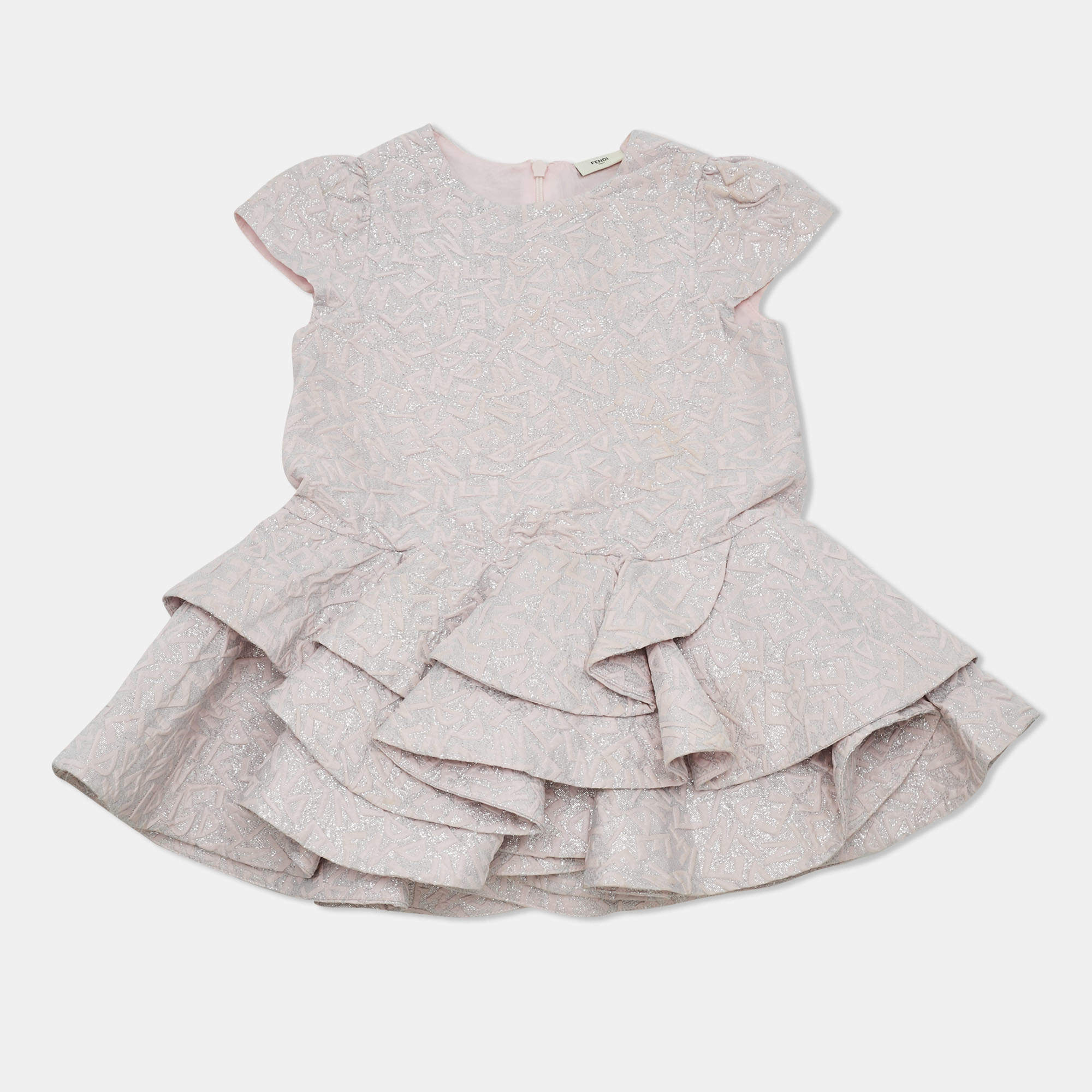 Pre Owned Fendi Kids Pink Lurex Jacquard Ruffled Dress 24M