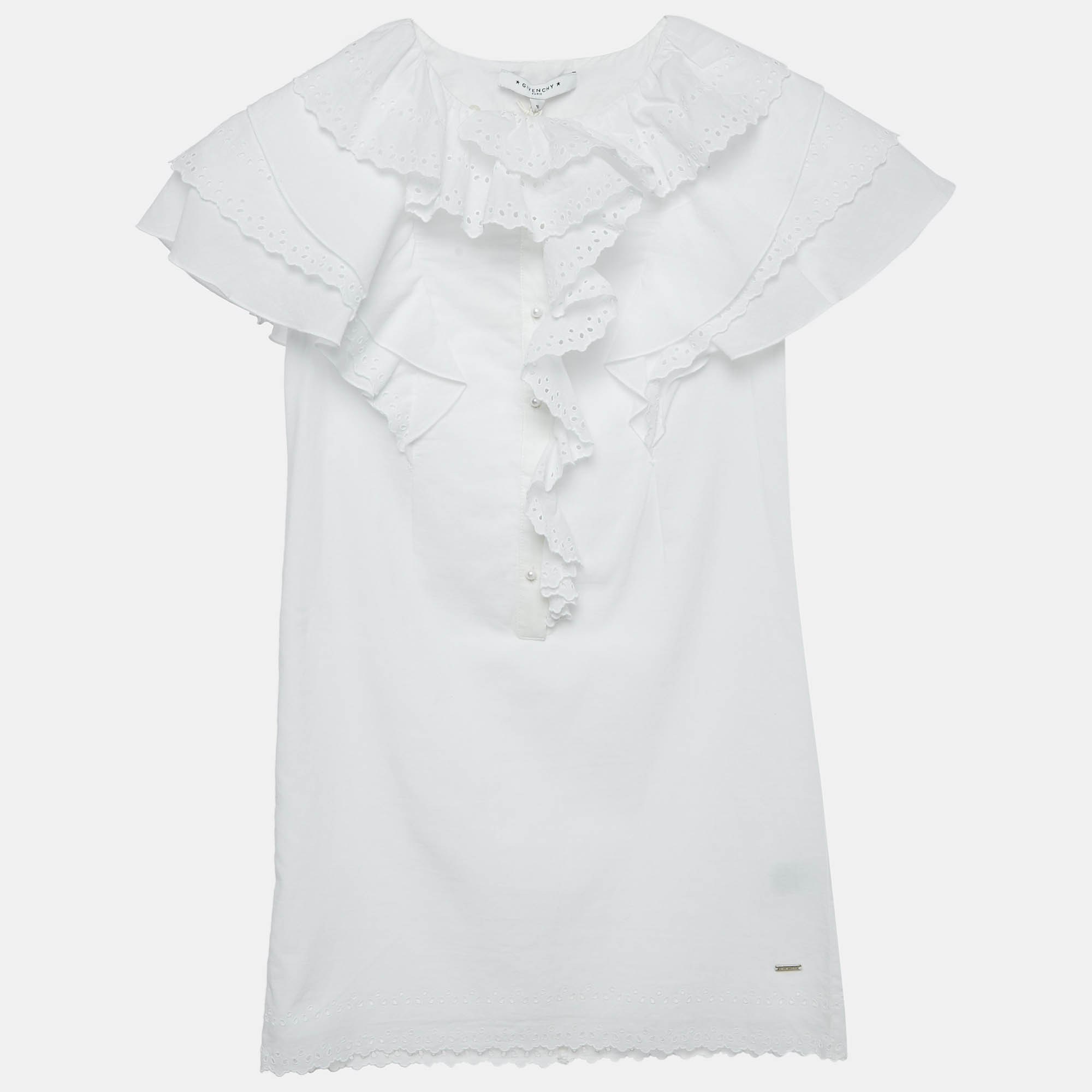 Givenchy Kids White Broderie Fracaise Cotton Ruffled Dress 10 Yrs