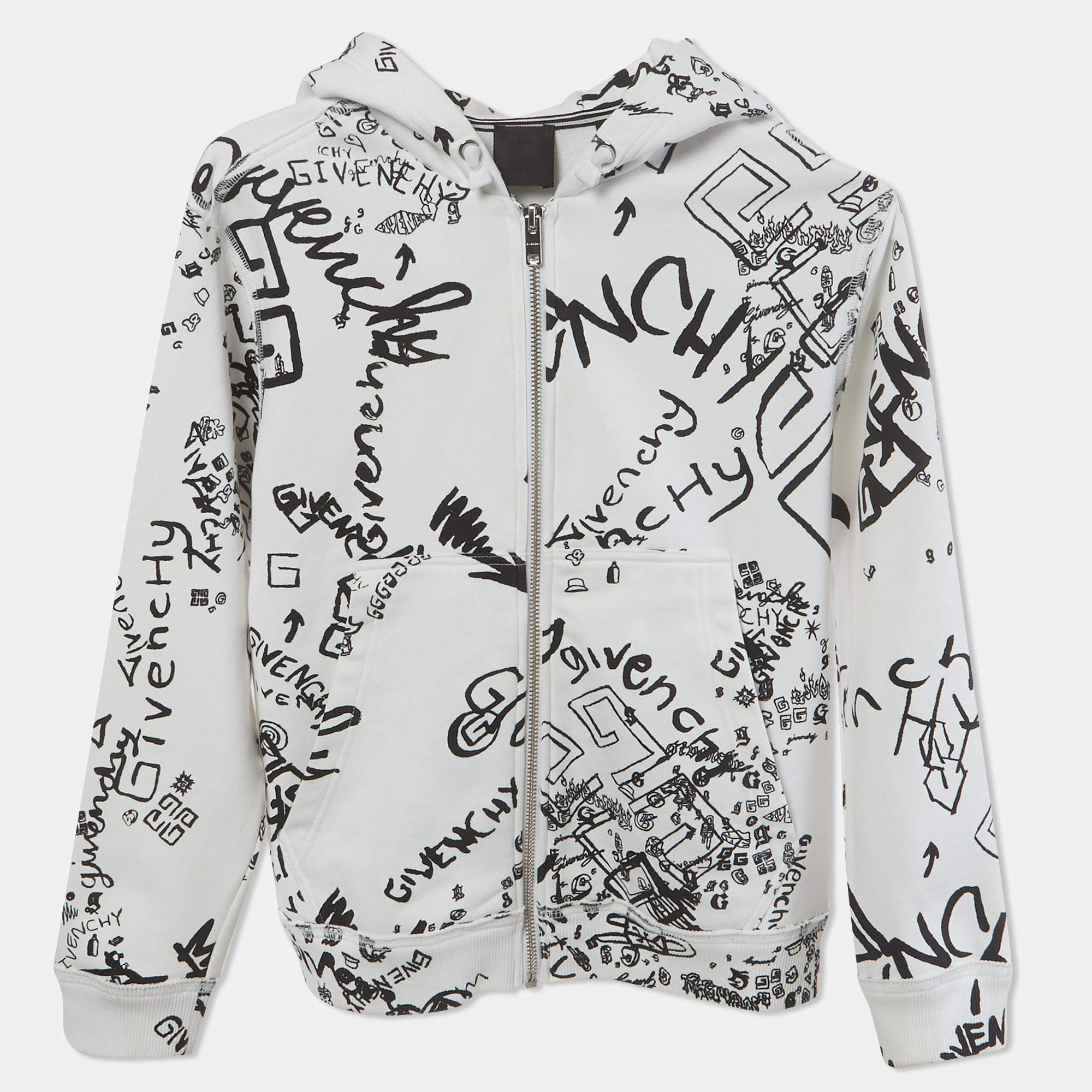 Pre Owned Givenchy Kids White Graffiti Print Cotton Knit Hoodie 10 Yrs 