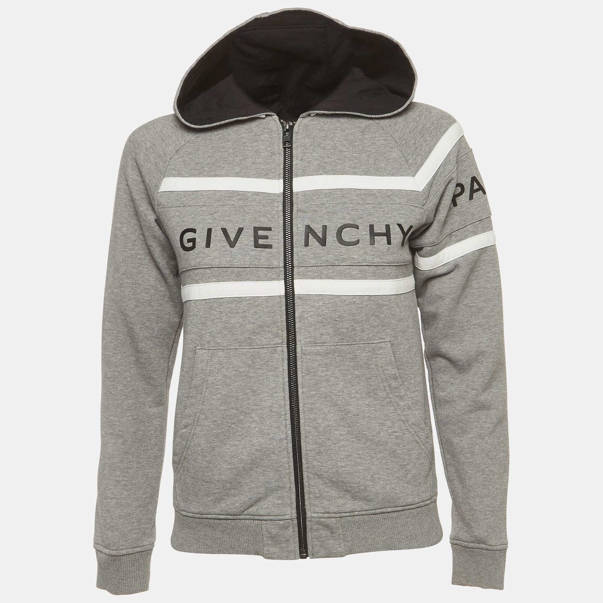 Pre Owned Givenchy Kids Grey Logo Striped Cotton Knit Zip-Up Hoodie 10 Yrs 