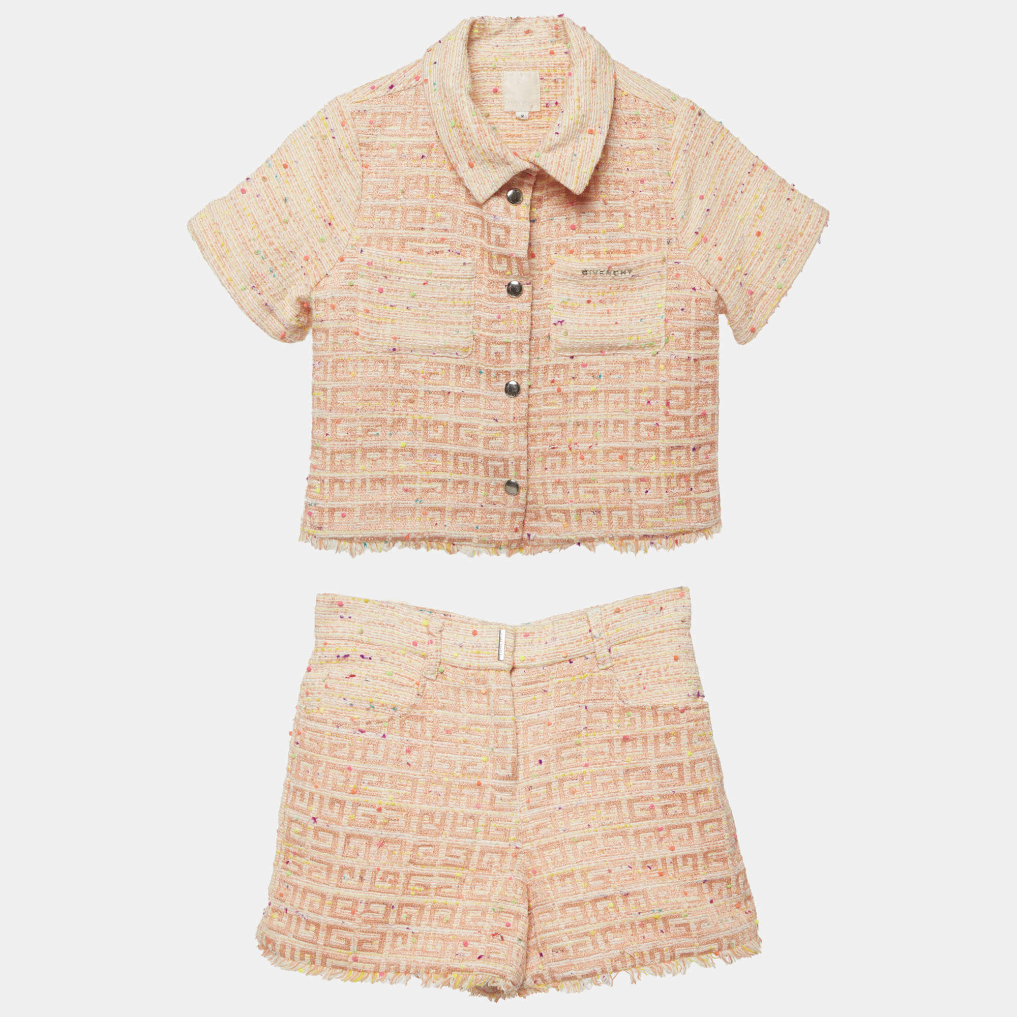 Pre Owned Givenchy Kids Orange 4G-Monogram Tweed Shirt & Shorts Set 10Yrs