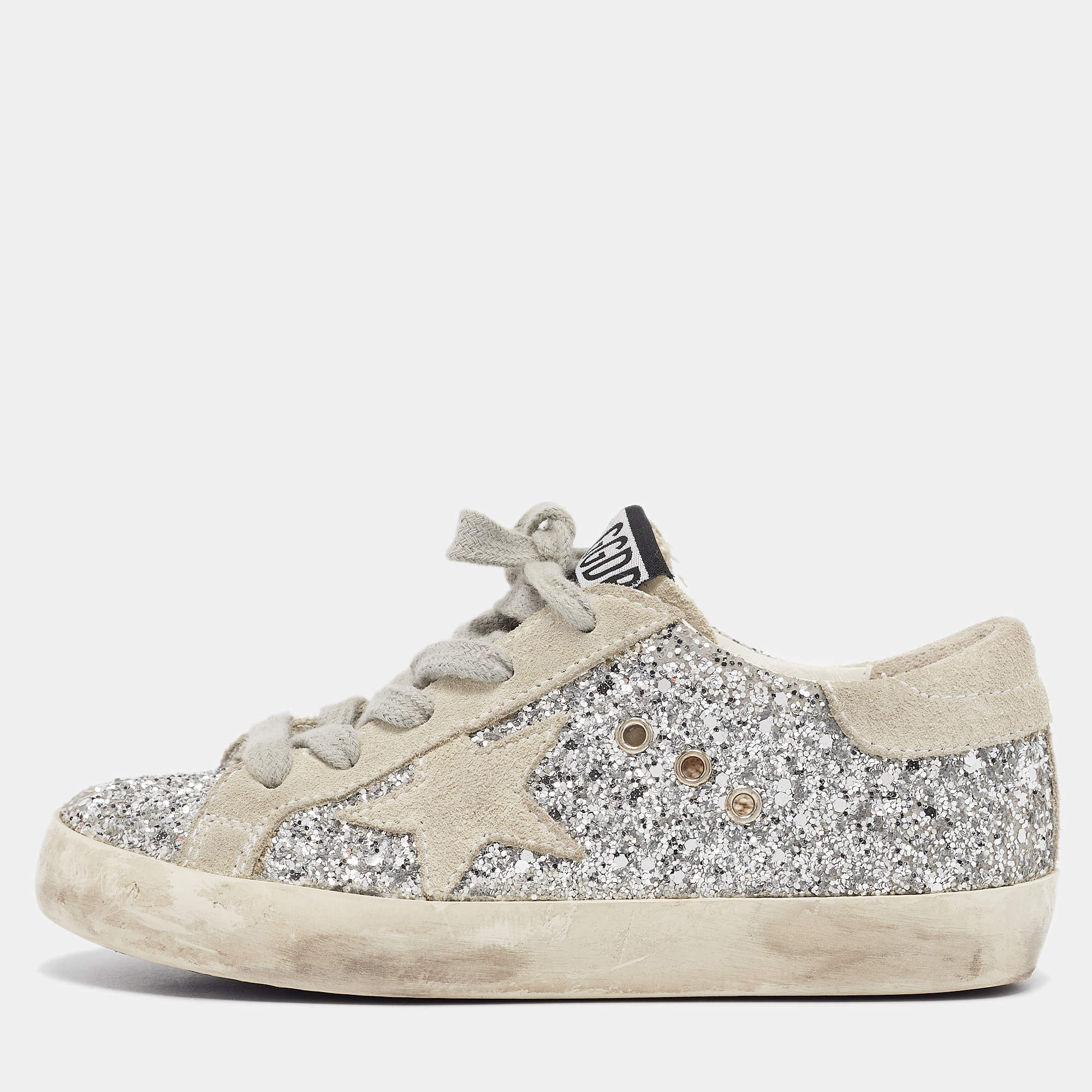 Golden Goose Silver/Grey Glitter and Suede Hi Star Low-Top Sneakers Size 30