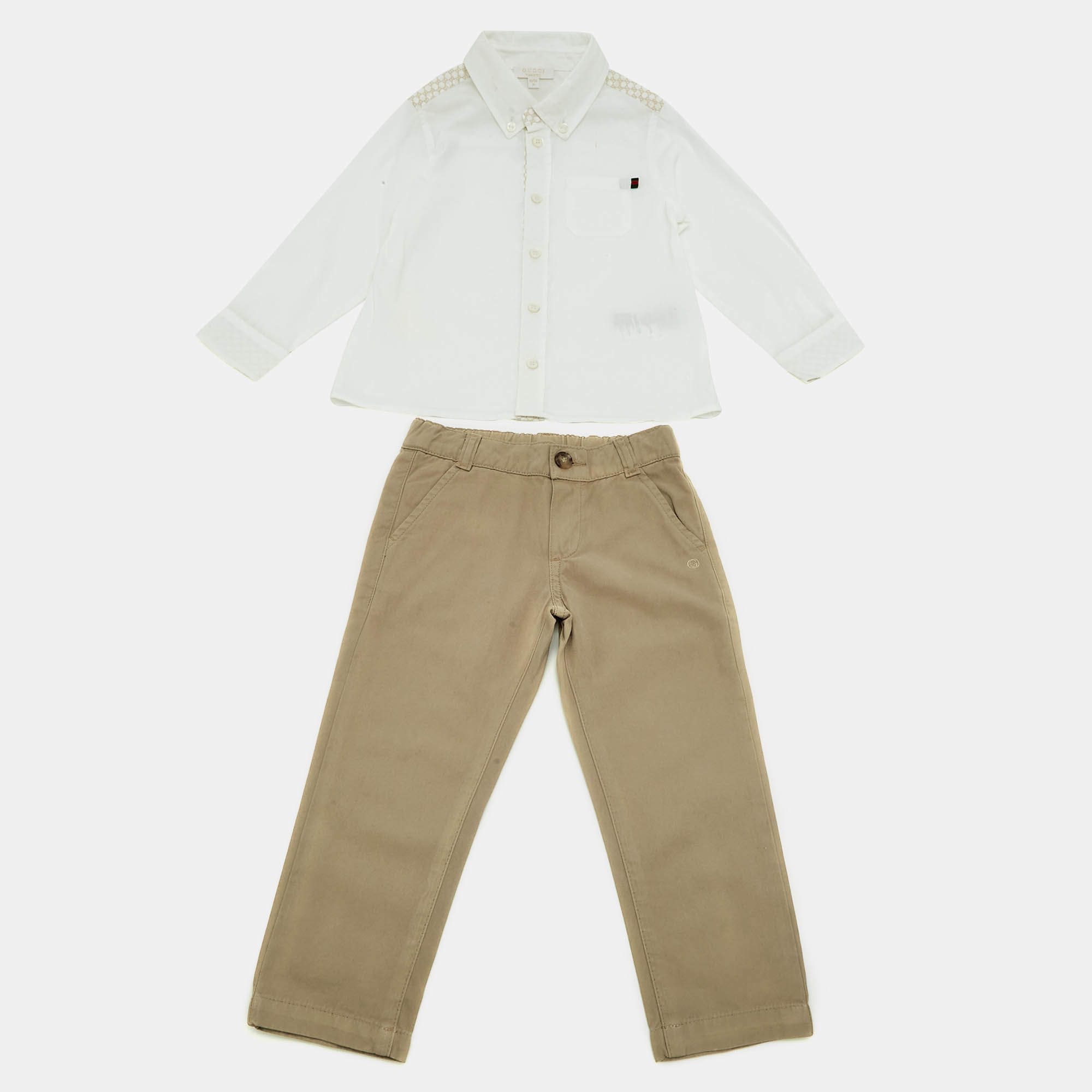 Pre Owned Gucci Kids White / Brown Cotton Shirt & Pants Set 18/24 Months 