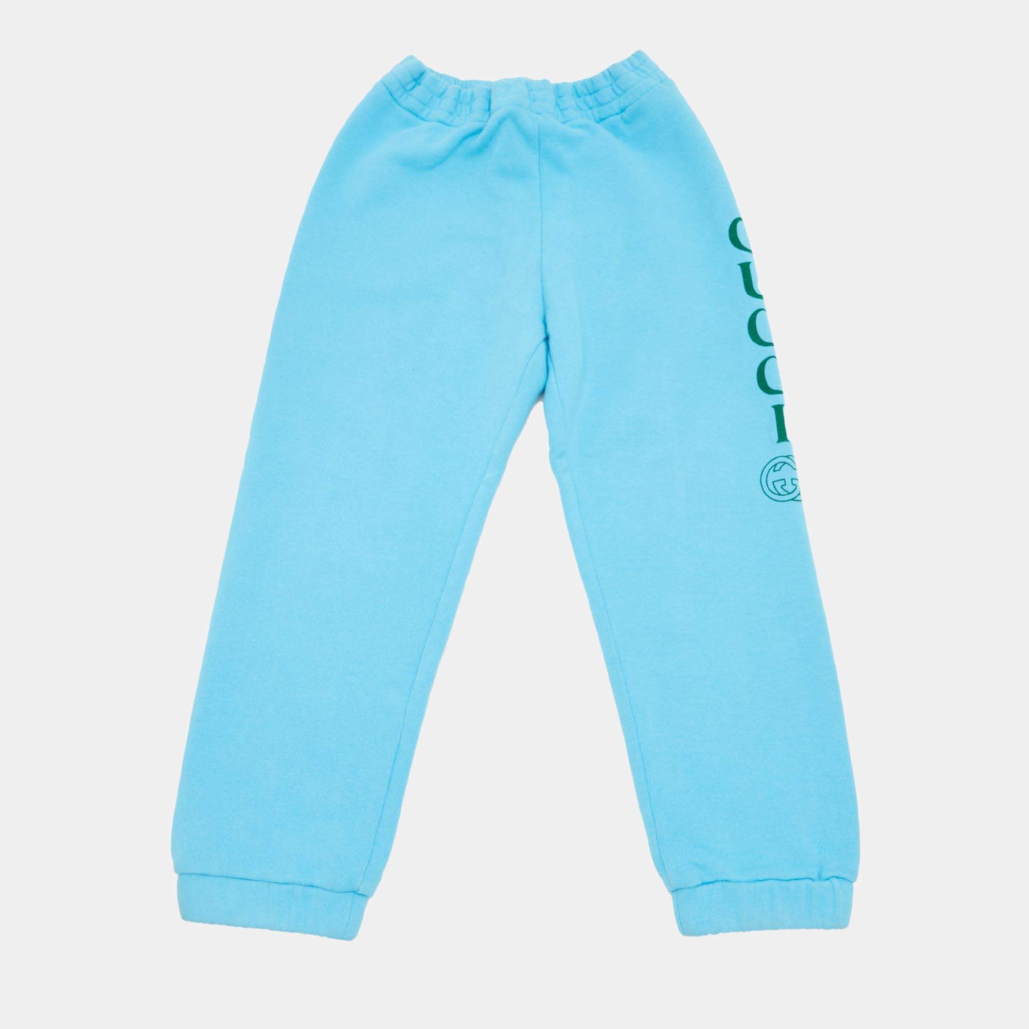 Pre Owned Gucci Kids Blue Logo Print Cotton Joggers 6 Yrs