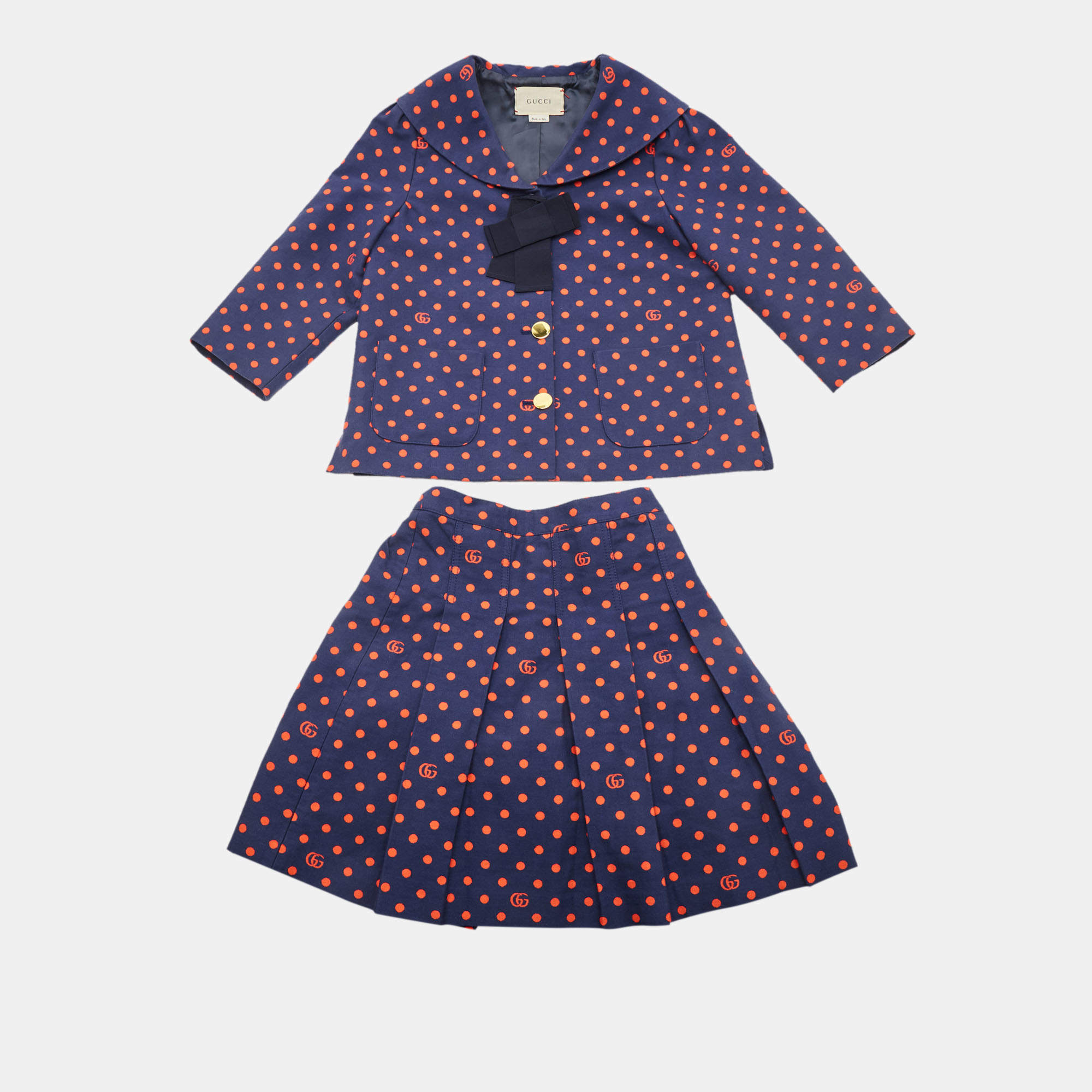 Pre Owned Gucci Kids Navy Blue GG Polka Dot Blazer & Skirt Set 8 Yrs