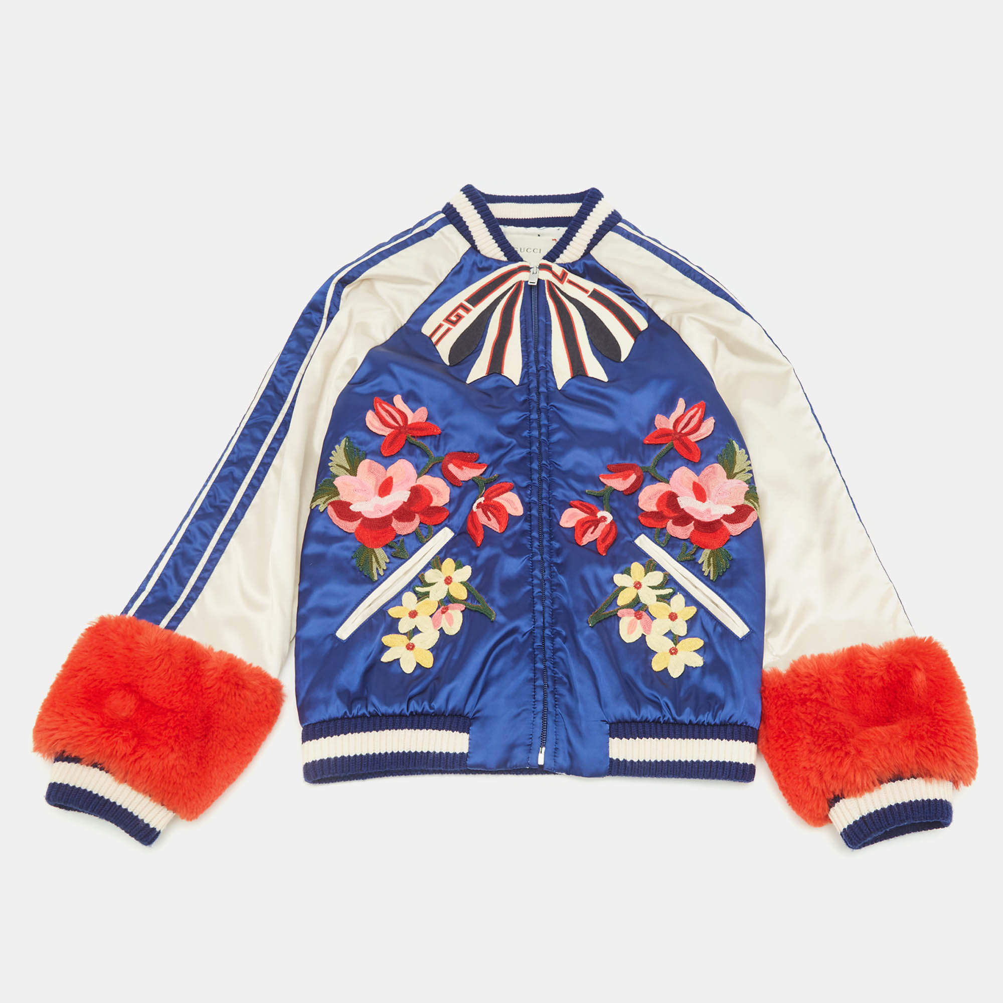 Pre Owned Gucci Kids Blue /White Embroidered Synthetic Faux Fur Trim Bomber Jacker 10 Yrs 