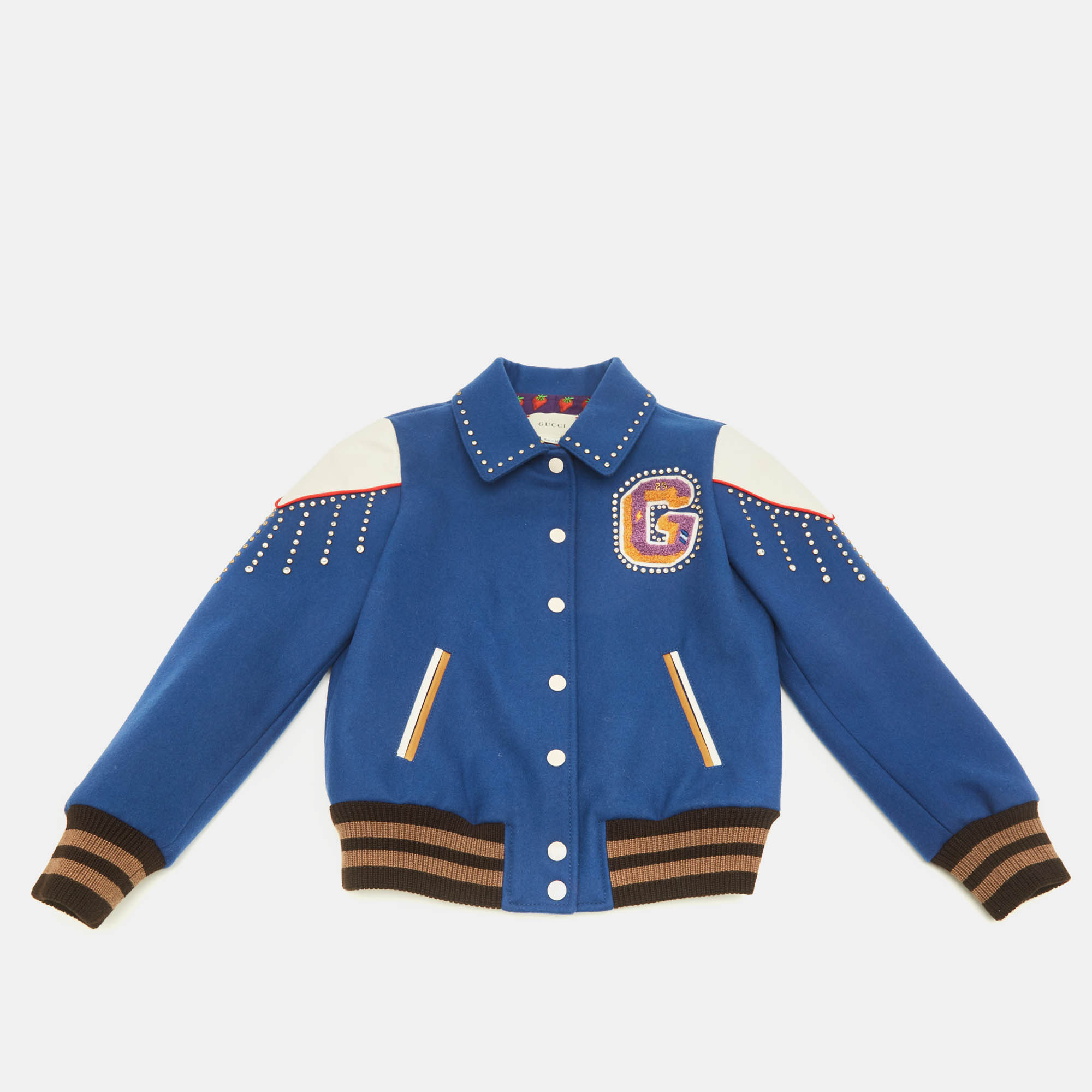 Pre Owned Gucci Kids Blue Embellished Wool Leather Trim Bomber Jacket 10 Yrs 