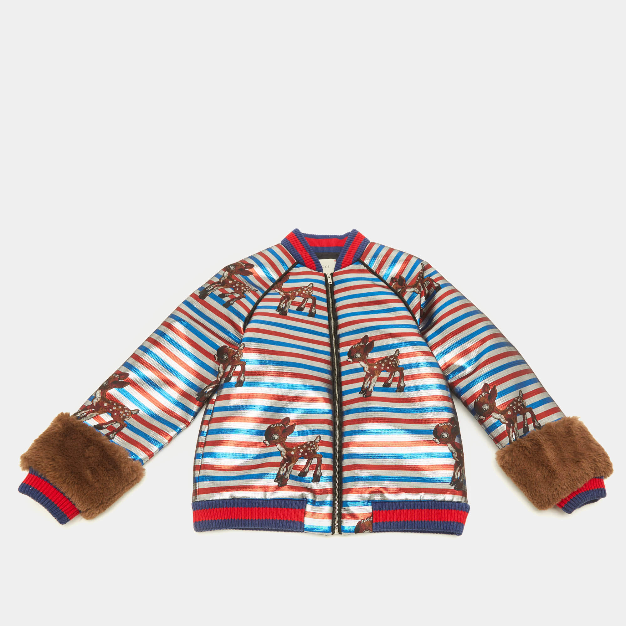 Pre Owned Gucci Kids Multicolor Striped Glitter Faux Fur Trim Bomber Jacket 10Yrs  