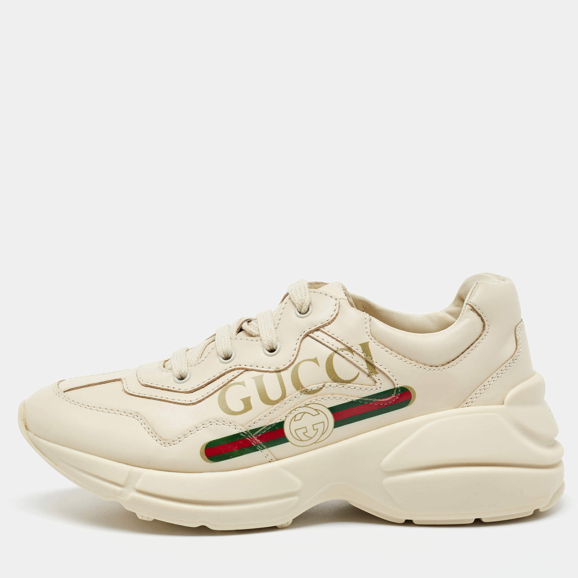 Gucci Cream Leather Rhyton Trainer Sneakers Size 32
